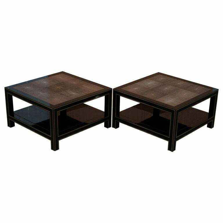 Pair Of Rrp £18,000 Original Shagreen Gilt Metal Large Side Coffee End Tables