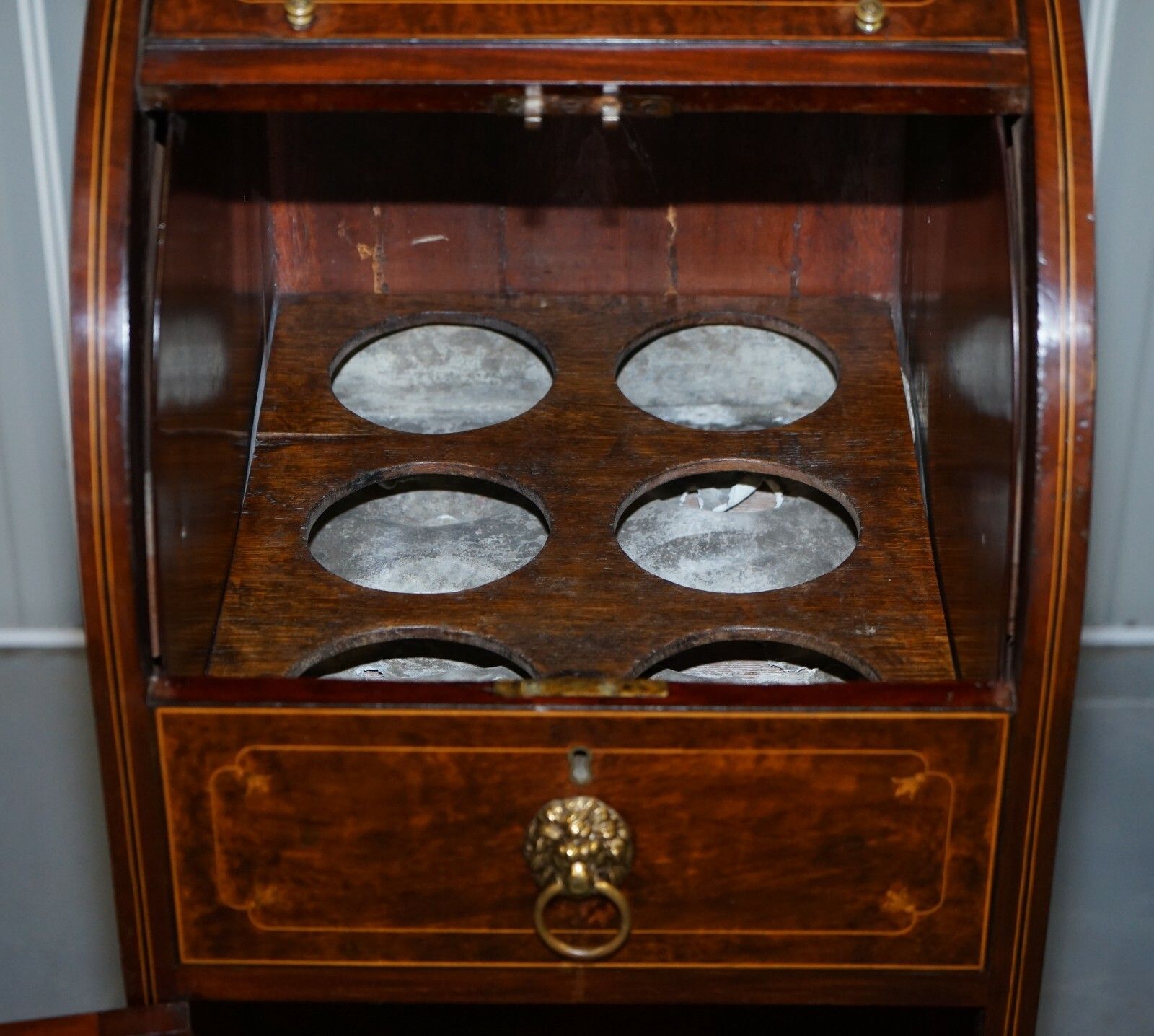 photo furniture Pair Of Antique Regency Flamed Mahogany & Gilt Bronze Drinks Cabinet Pedestals