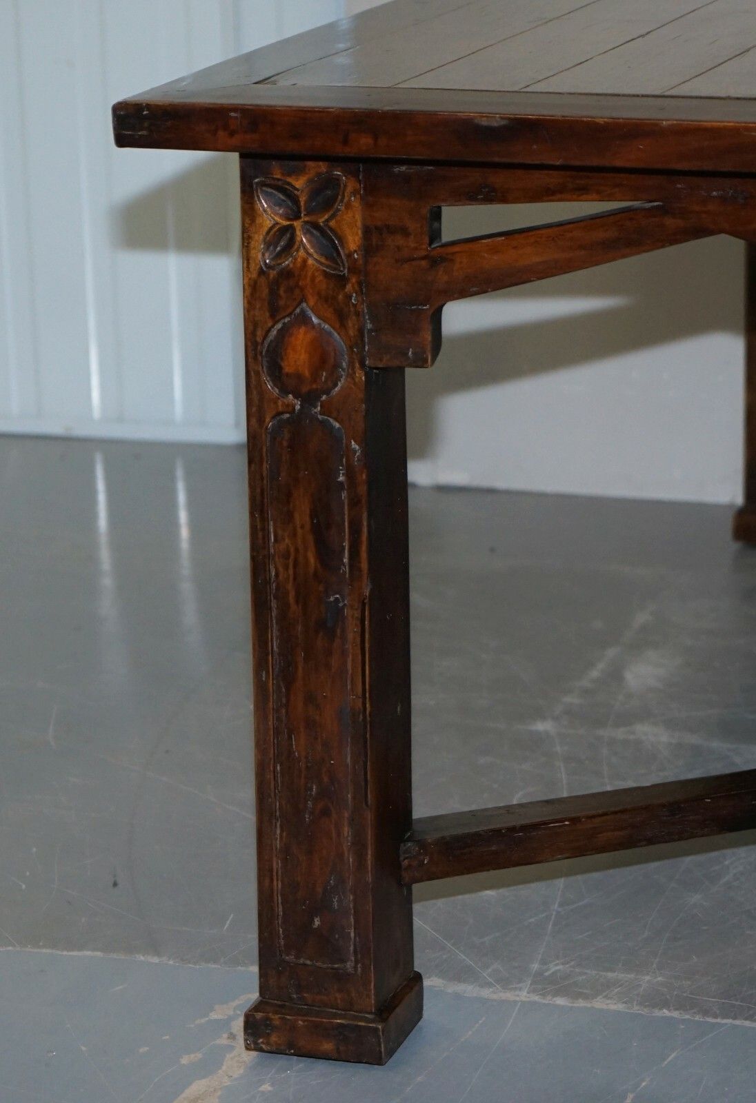 Furniture Vintage Art Nouveau Refectory Hayrake Dining Table With Beautiful Carved Legs photo