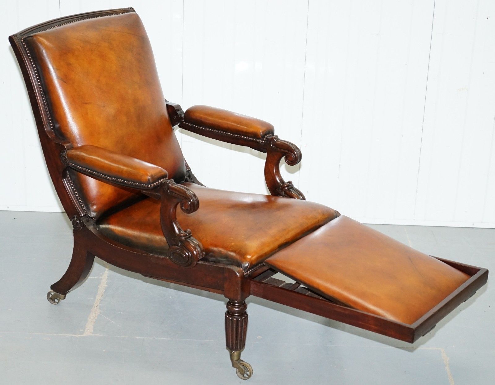 Restored William IV Reclining Library Reading Brown Leather Armchair Footstool photo furniture