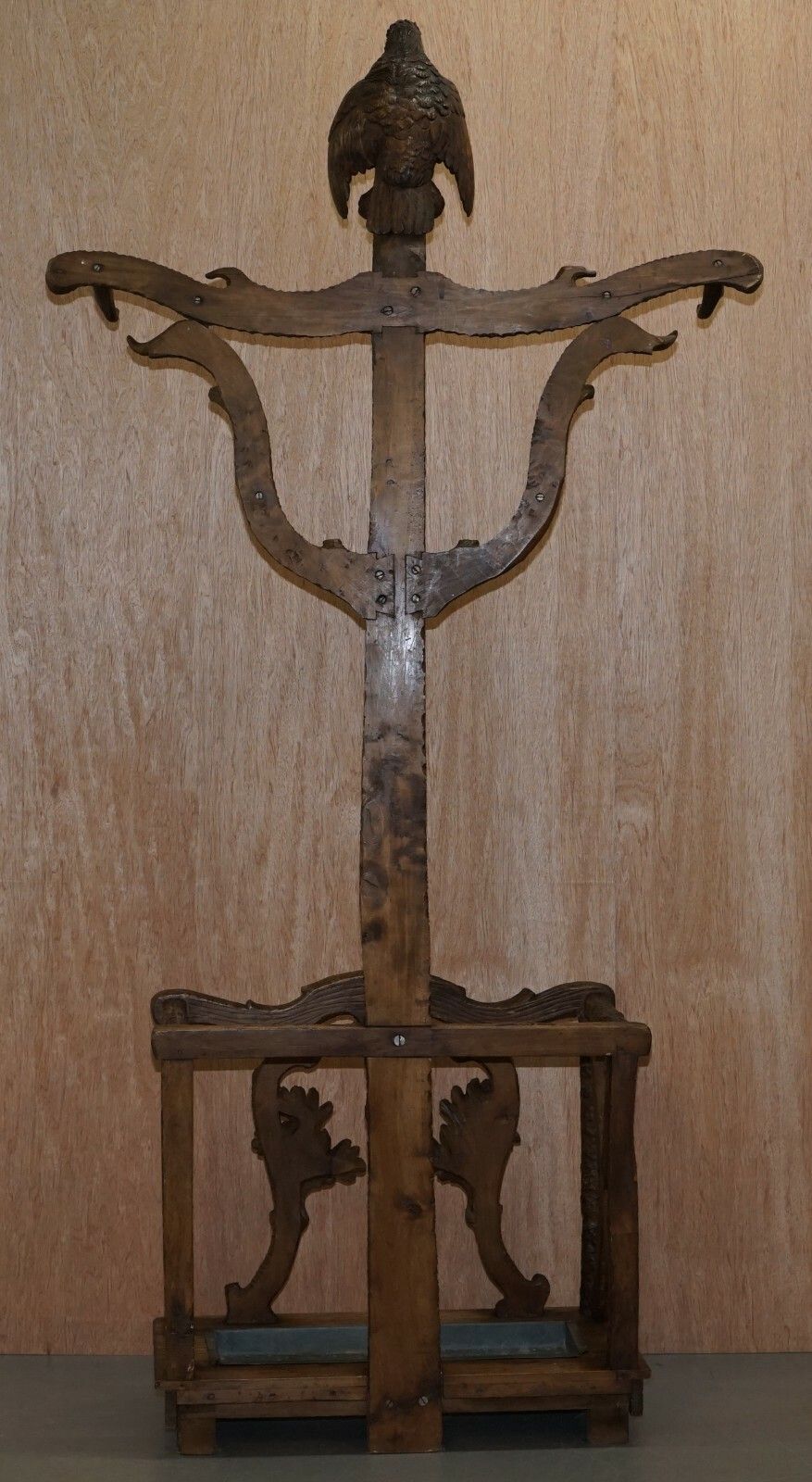 Furniture Rare 1880 American Eagle Black Forest Wood Carved Coat Hat & Umbrella Rack Stand photo