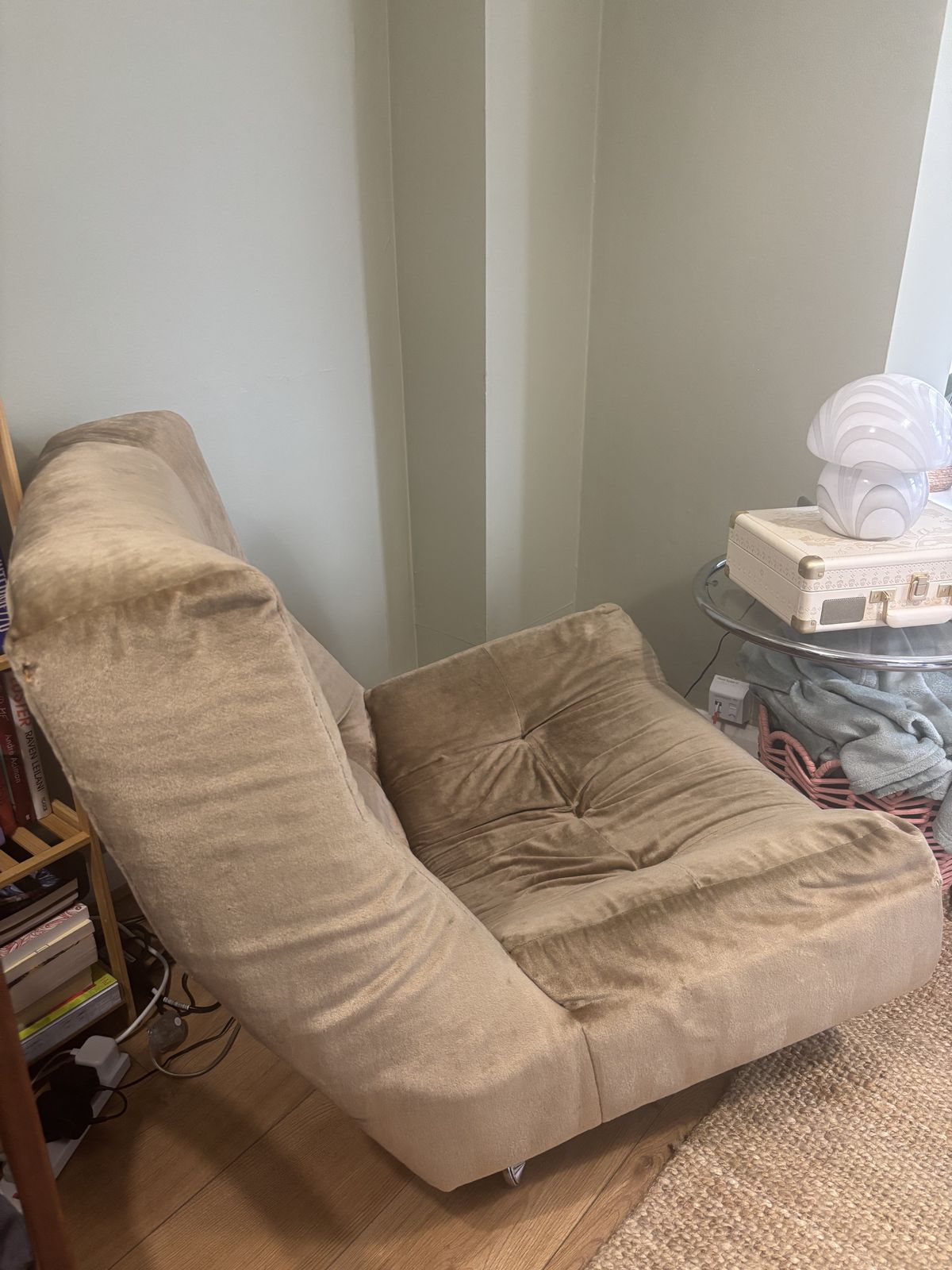70s Style Large Olive Green Velvet Armchair photo furniture
