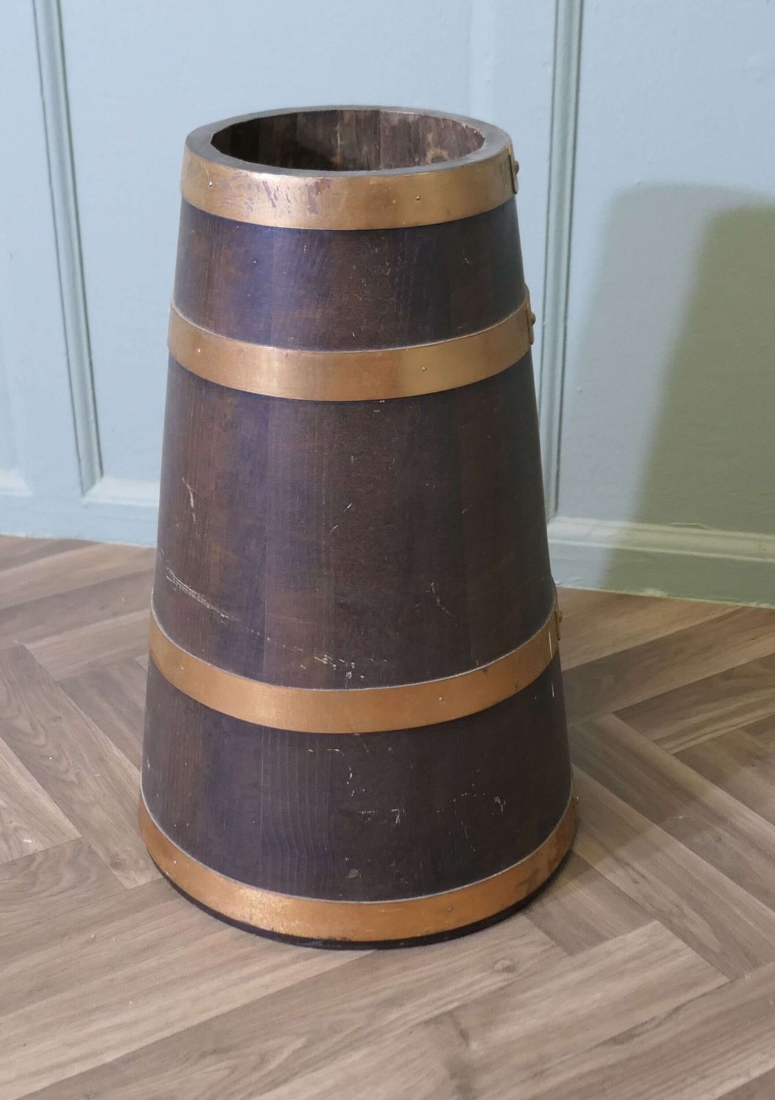 Copper And Oak Barrel Stick Stand photo for sale