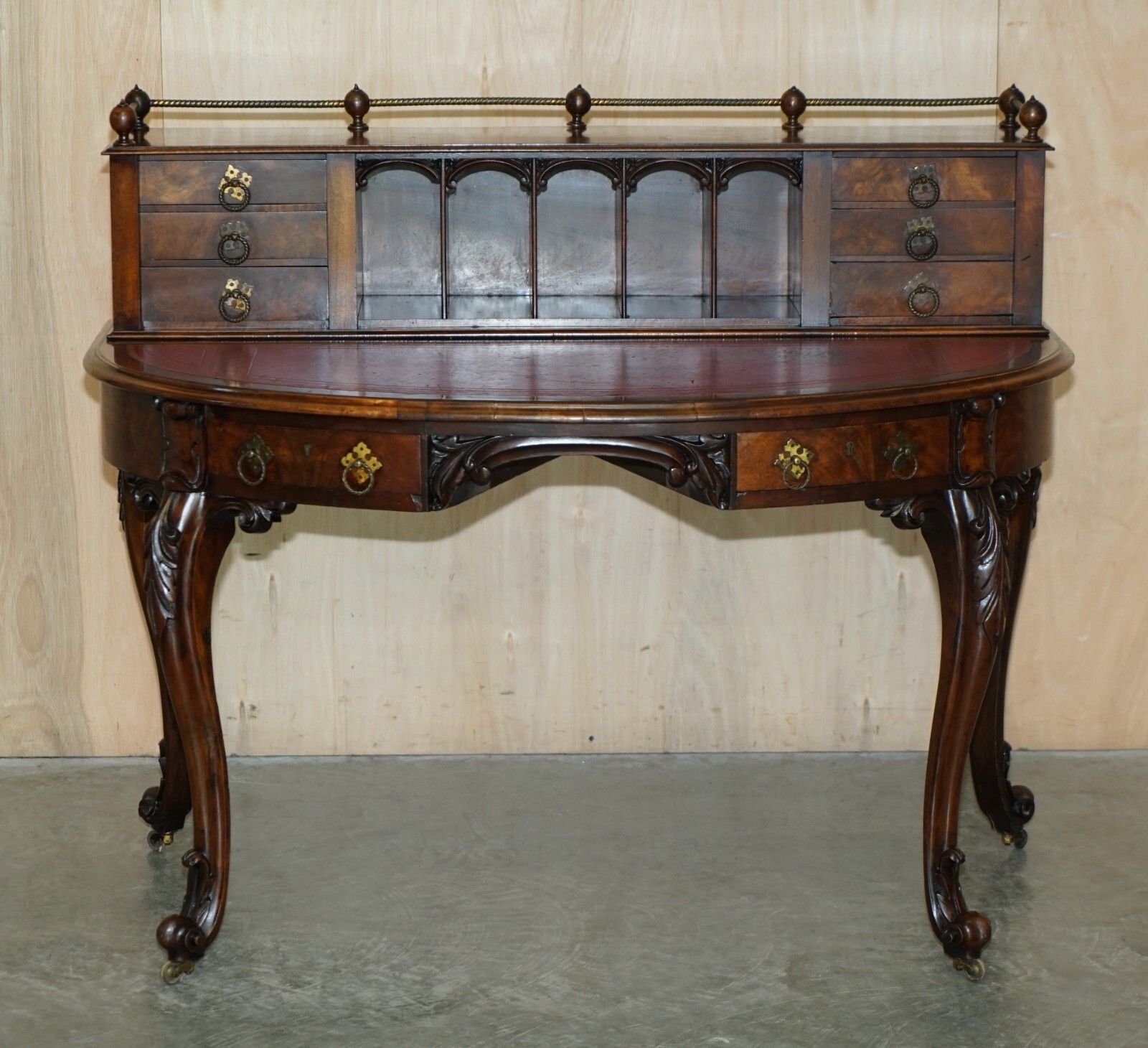 Antique Circa 1850 Patrick Beakey Dublin Oxblood Leather Demi Lune Gallery Desk photo furniture