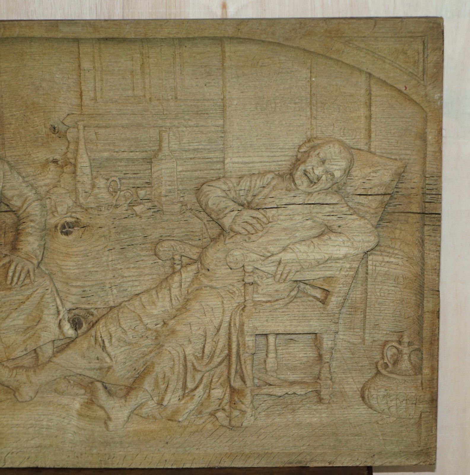 Art Very Large Antique 18th Century Stripped Oak Hand Carved Panel Of Drunk Freinds photo