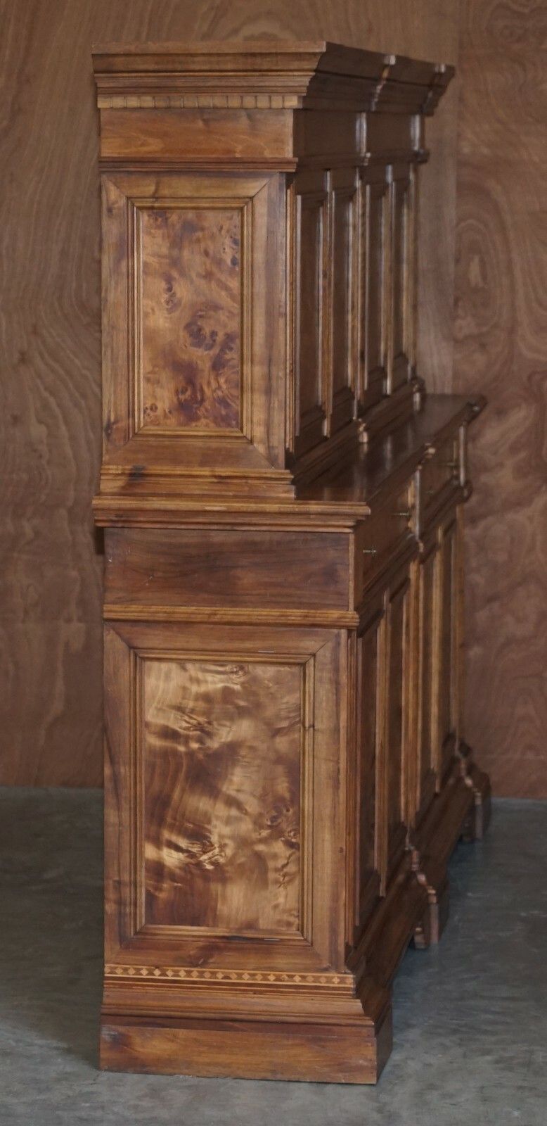 Furniture Italian Burr Pippy Oak Panelled Large Geometric Marquetry Housekeepers Cupboard photo