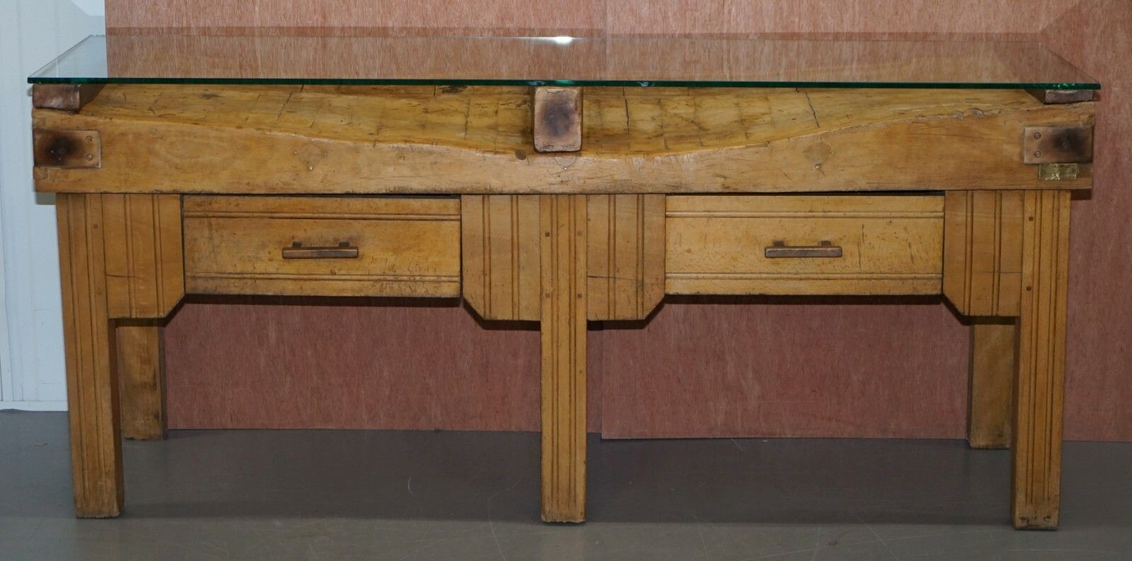 Restored Circa 1920's Hennes France Butchers Table Bronzed Mounts Glass Top photo furniture