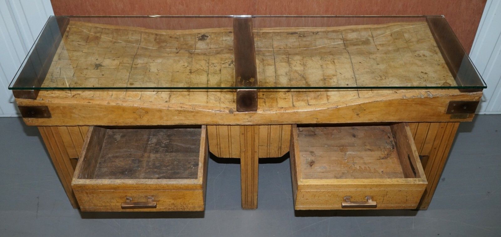 photo for sale Restored Circa 1920's Hennes France Butchers Table Bronzed Mounts Glass Top