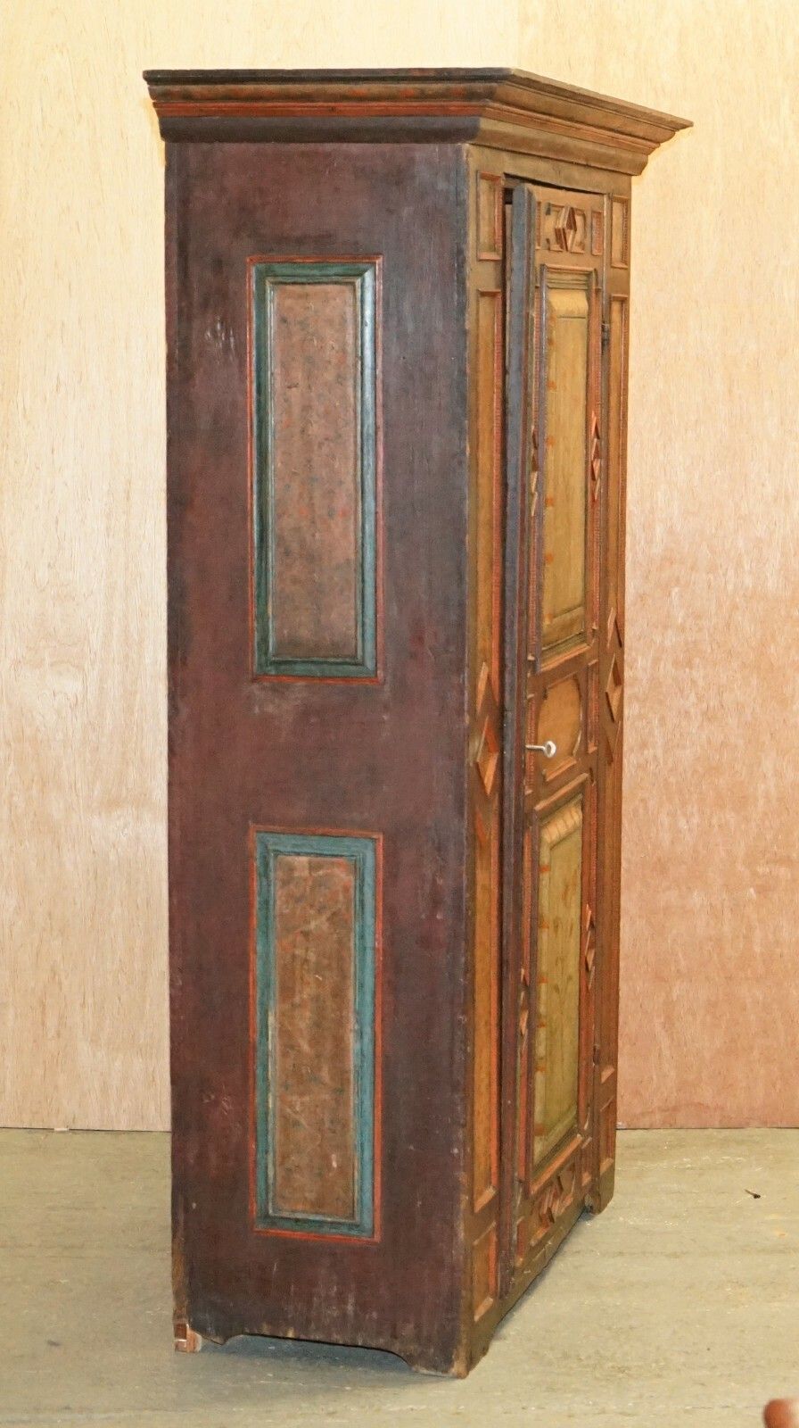 Furniture Circa 1800 Sumlime Hand Painted European Wardrobe Or Hall Cupboard In Oak Wood photo