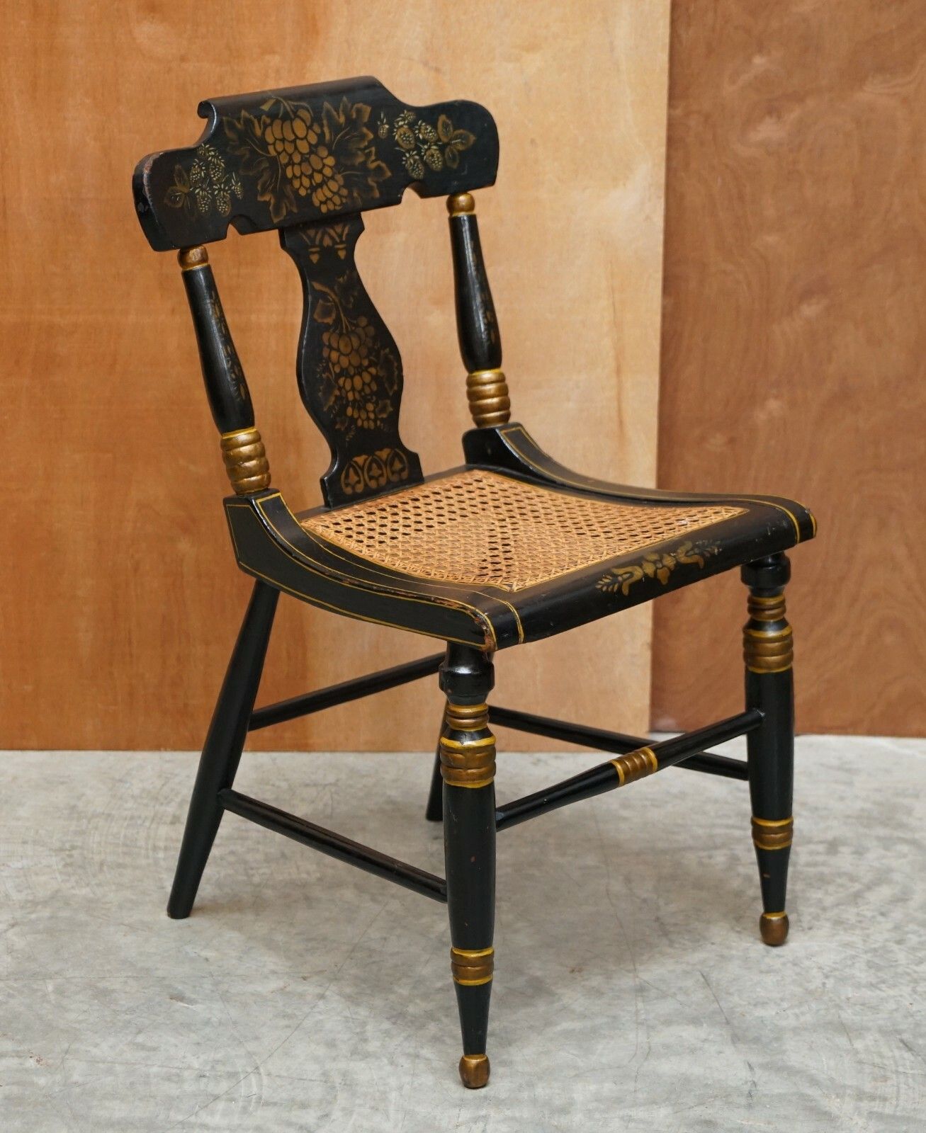 Furniture Pair Of Circa 1825 Georgian Baltimore Ebonised Painted Gilt Bergere Side Chairs photo
