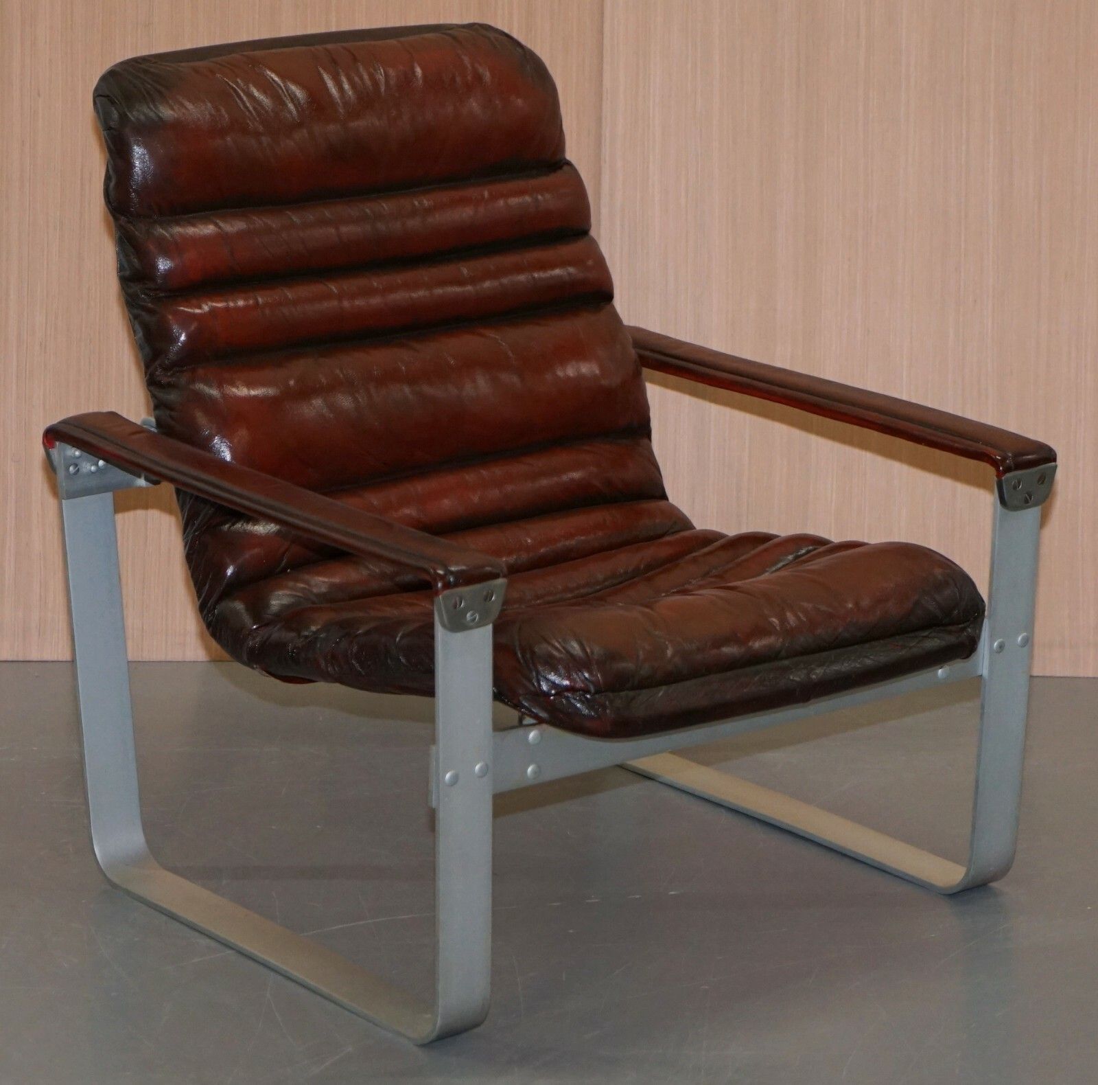 Rare 1960's Pulkka Ilmari Lappalainen Chrome & Brown Leather Armchair Sofa Suite photo vintage