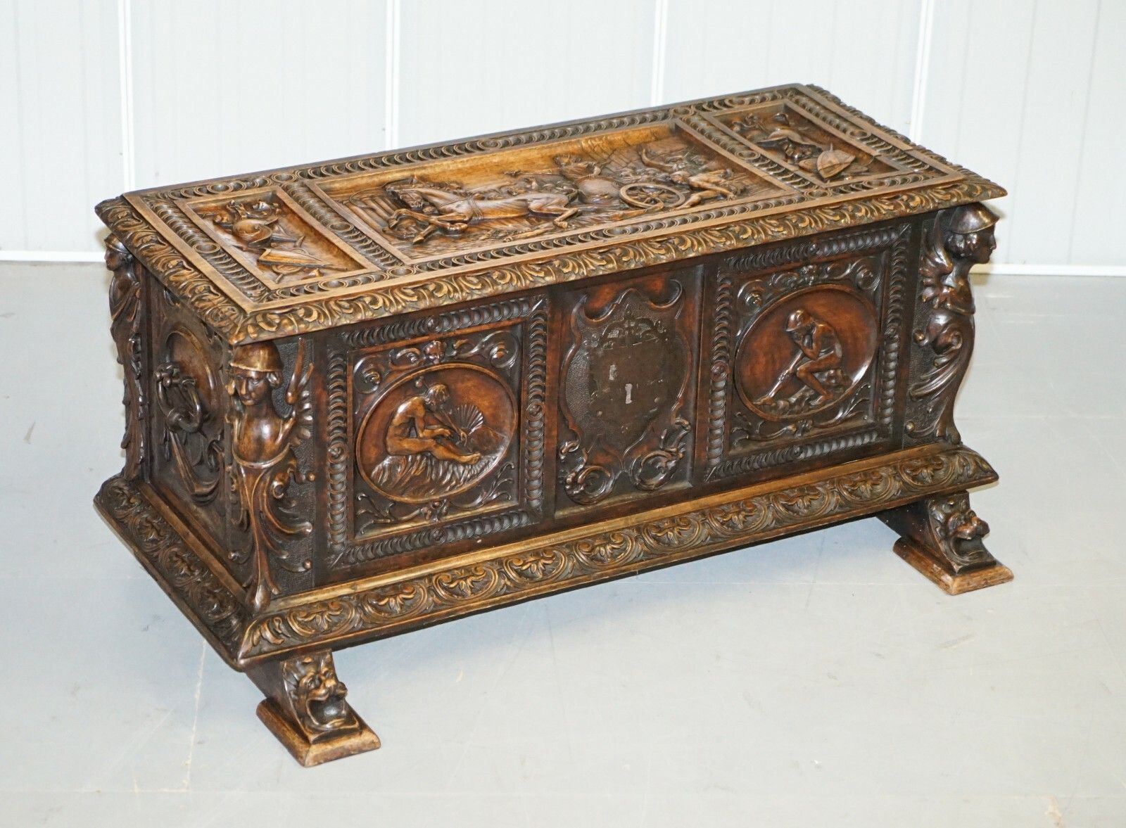 Sublime Roman Chariot Ornately Hand Carved Antique Walnut Trunk Chest Or Coffer photo furniture