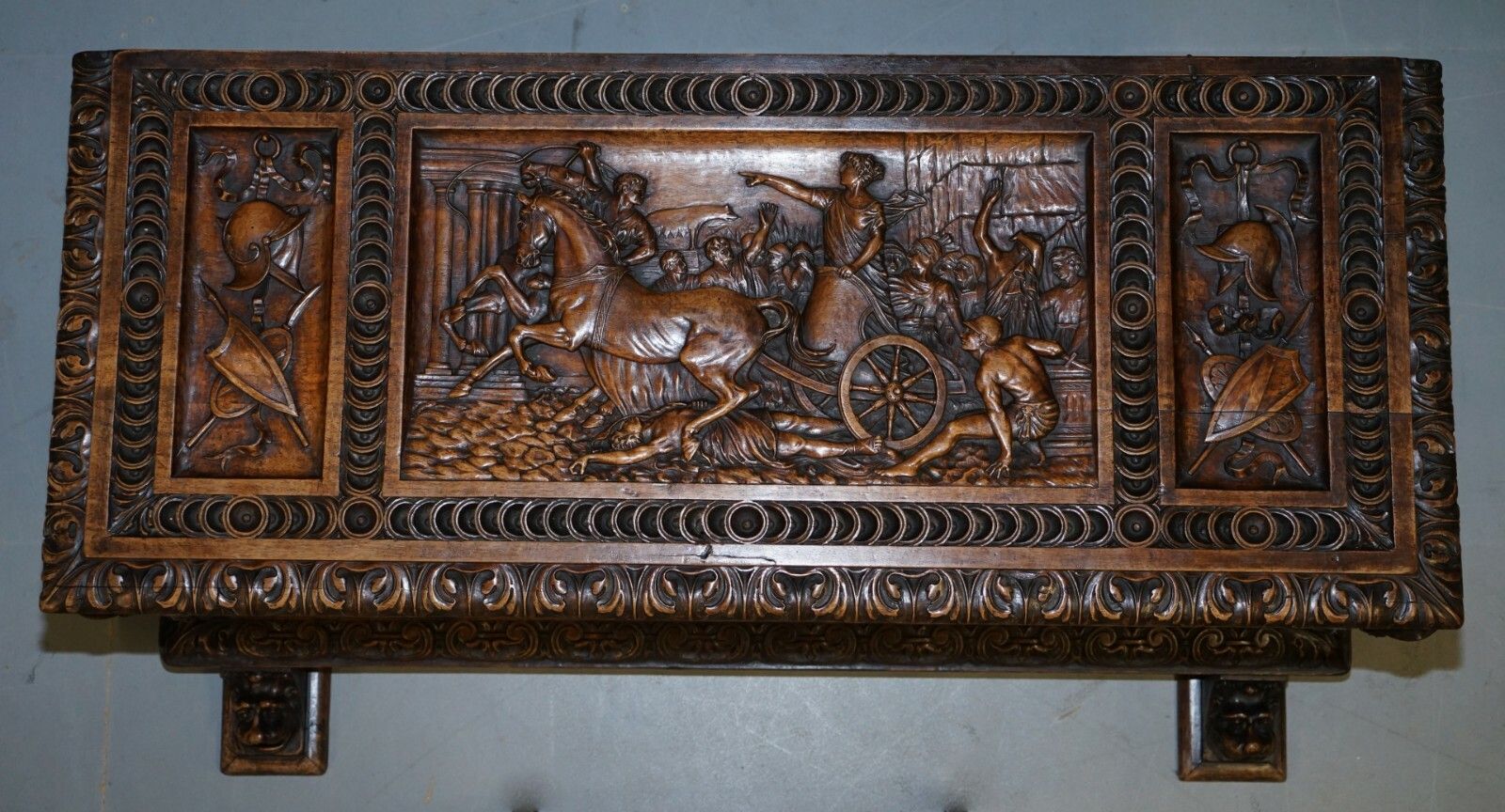 Sublime Roman Chariot Ornately Hand Carved Antique Walnut Trunk Chest Or Coffer photo Furniture