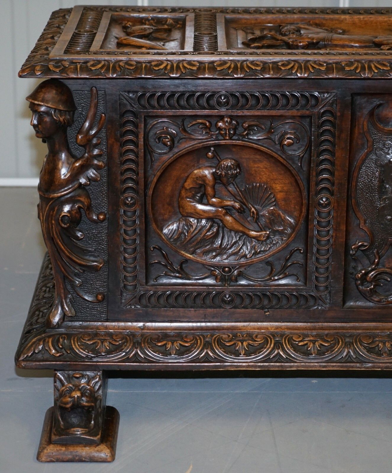 Sublime Roman Chariot Ornately Hand Carved Antique Walnut Trunk Chest Or Coffer photo vinterior