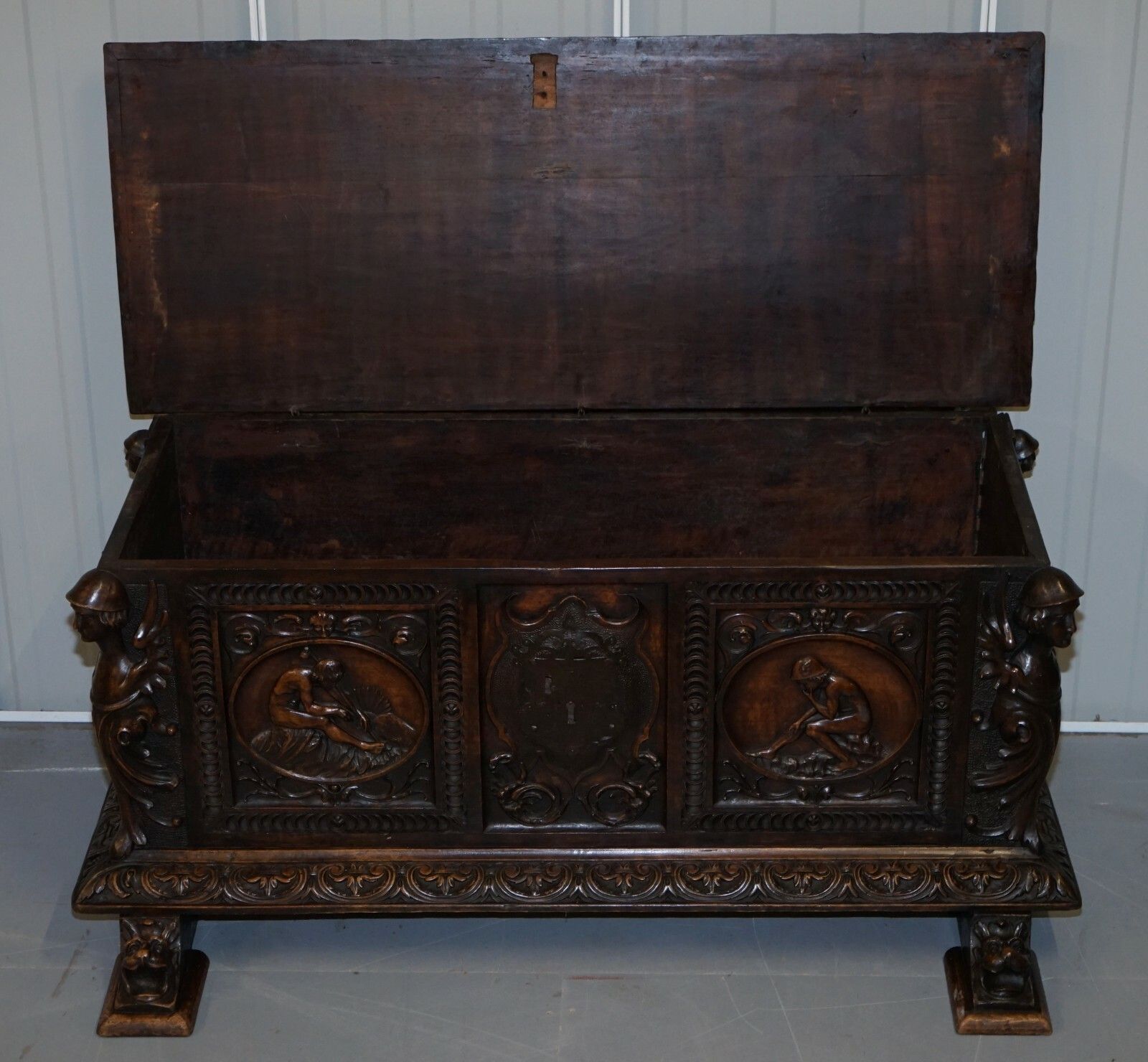 Furniture Sublime Roman Chariot Ornately Hand Carved Antique Walnut Trunk Chest Or Coffer photo