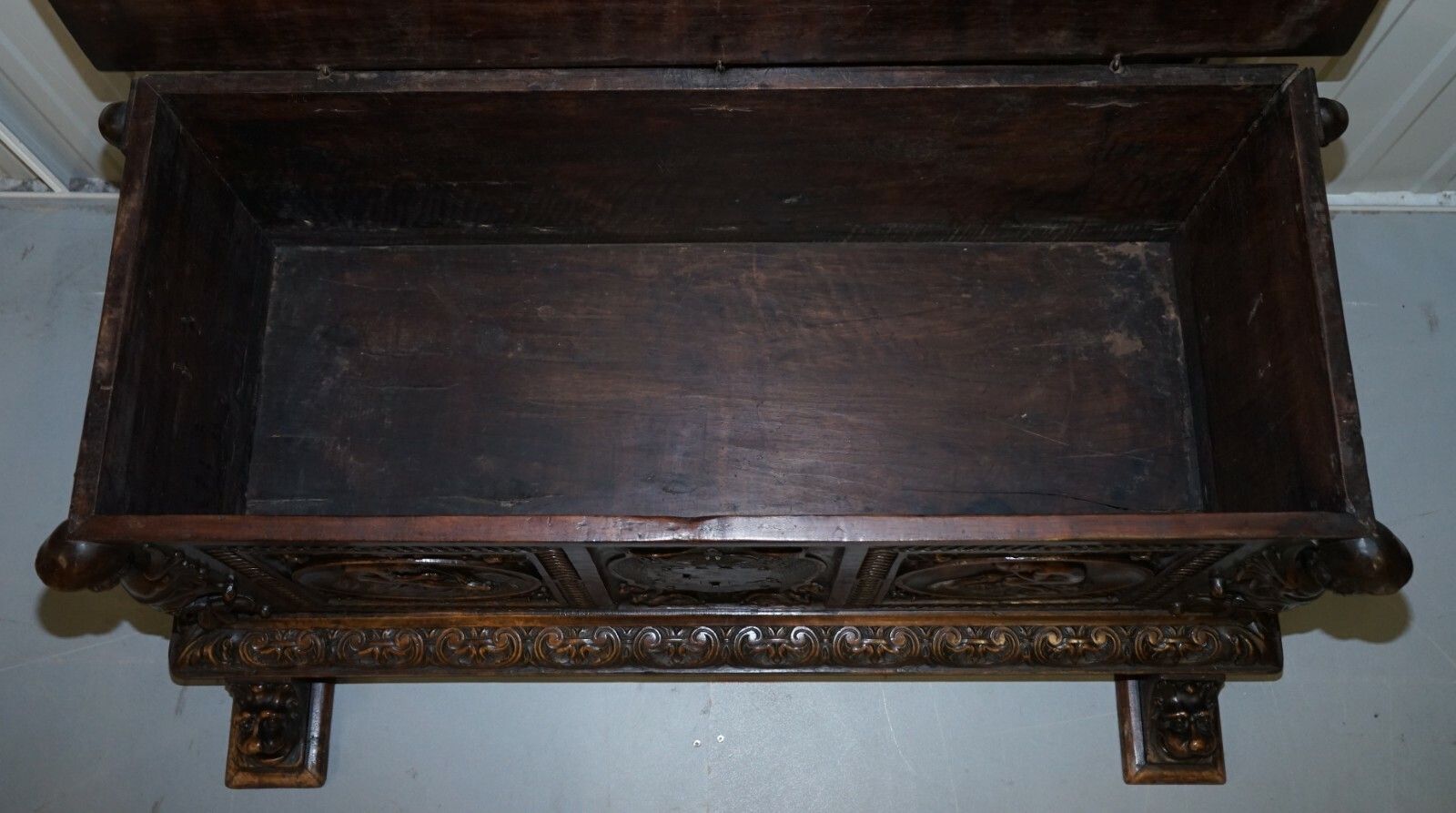 4000.0 Sublime Roman Chariot Ornately Hand Carved Antique Walnut Trunk Chest Or Coffer photo