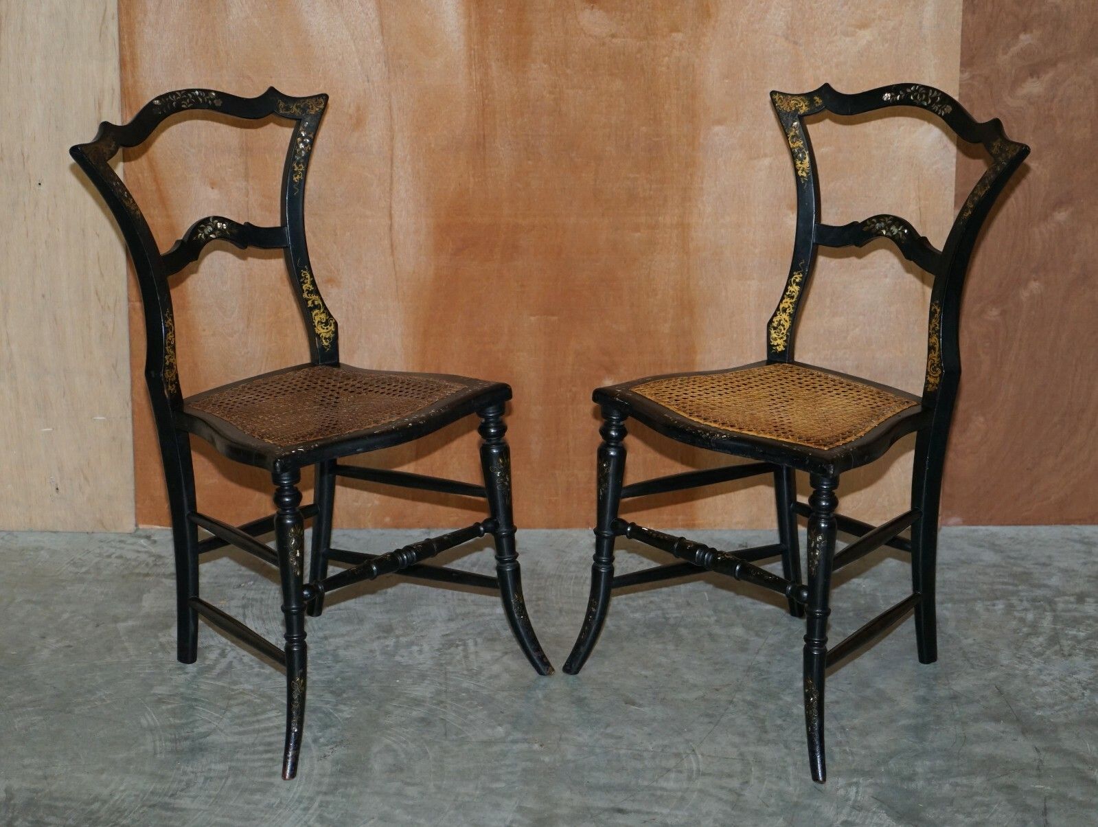 photo for sale Four Antique Regency Bergere Mother Of Pearl Ebonised Side Occasional Chairs