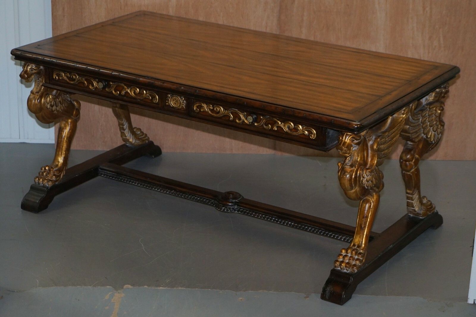 After Rj Horner Gold Giltwood Griffon Mahogany Double Sided Desk Writing Table photo for sale