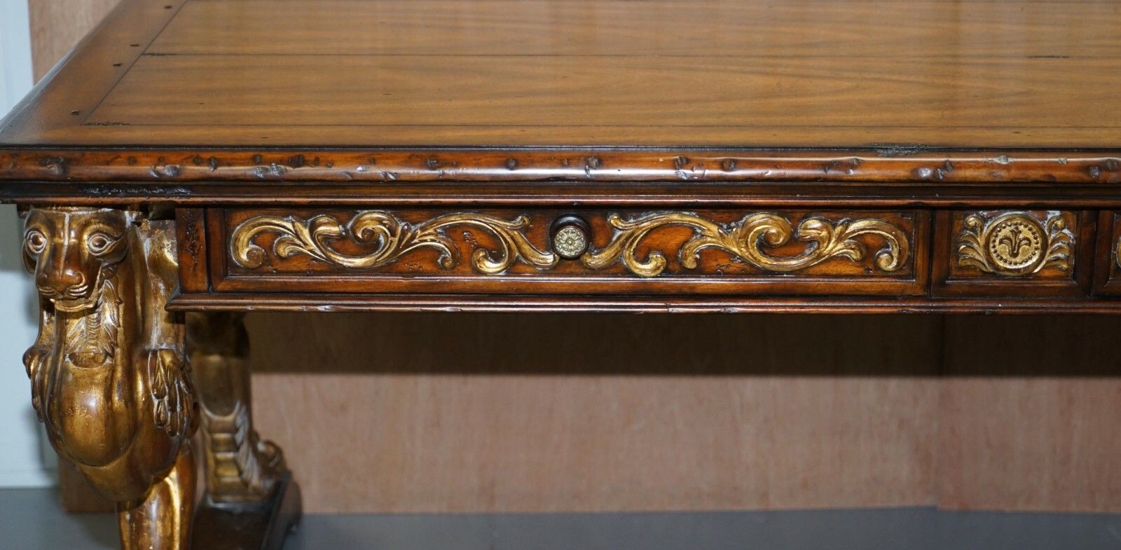 After Rj Horner Gold Giltwood Griffon Mahogany Double Sided Desk Writing Table photo 4000.0