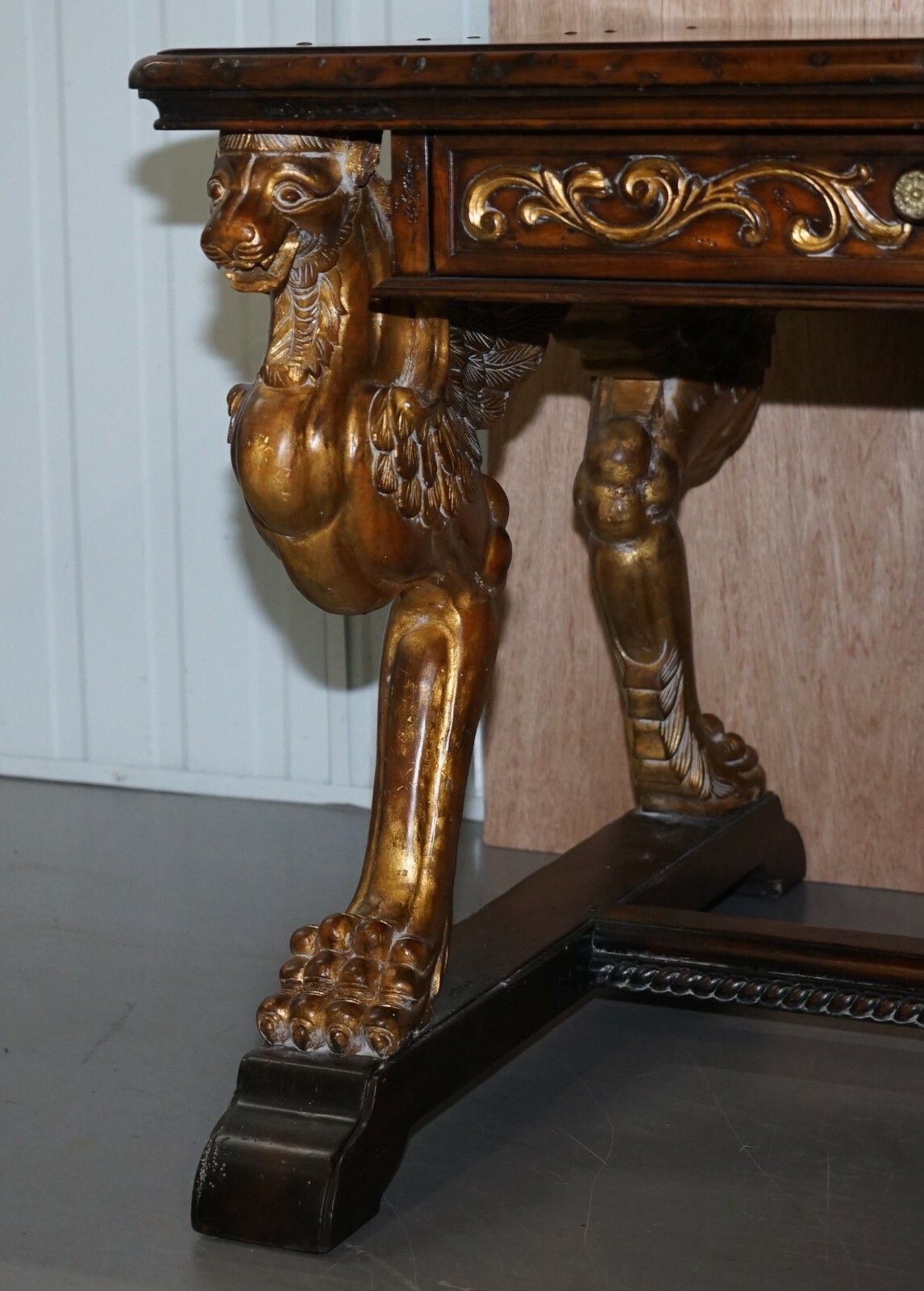 After Rj Horner Gold Giltwood Griffon Mahogany Double Sided Desk Writing Table photo vinterior