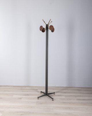 Italian Floor Coat Rack In Black Metal And Wood, 1960s