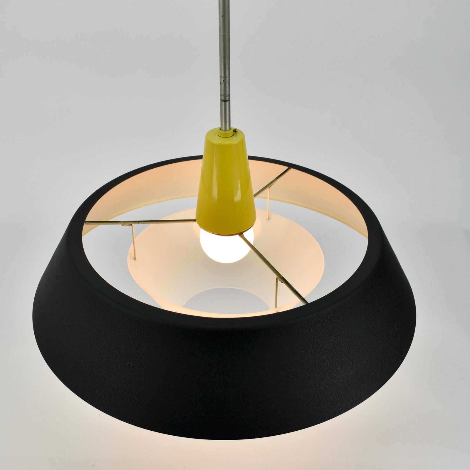 photo for sale 1959 Niek Hiemstra For Philips Model Nb23 Pendant Lamp Mid Century Modern Light Dutch Design | Vintage Ceiling Lamp Black Yellow Louis Kalff
