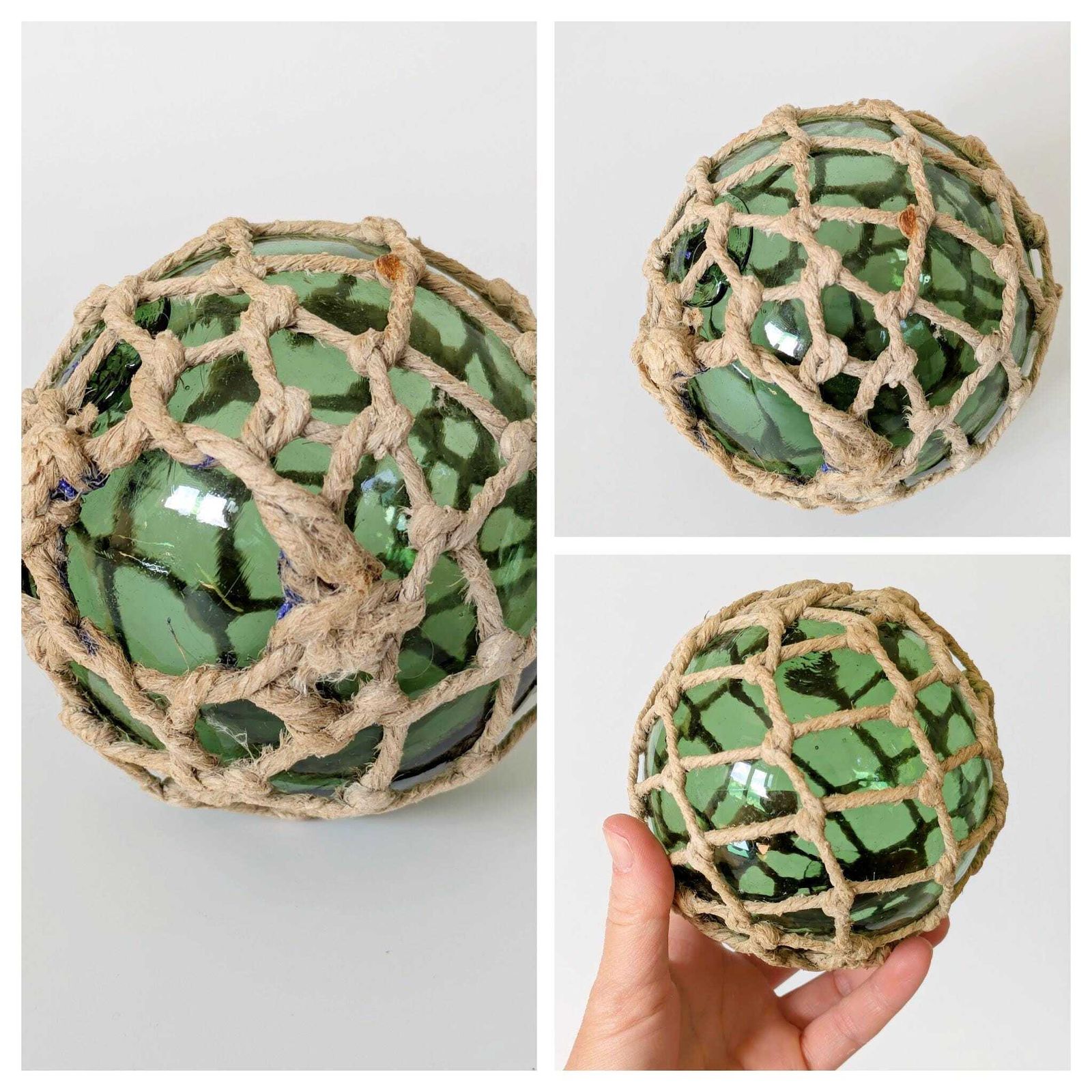 Antique French Fishing Floats, Set Of 3 Netted Green Glass Floats, Coastal Nautical Decor photo 258.0