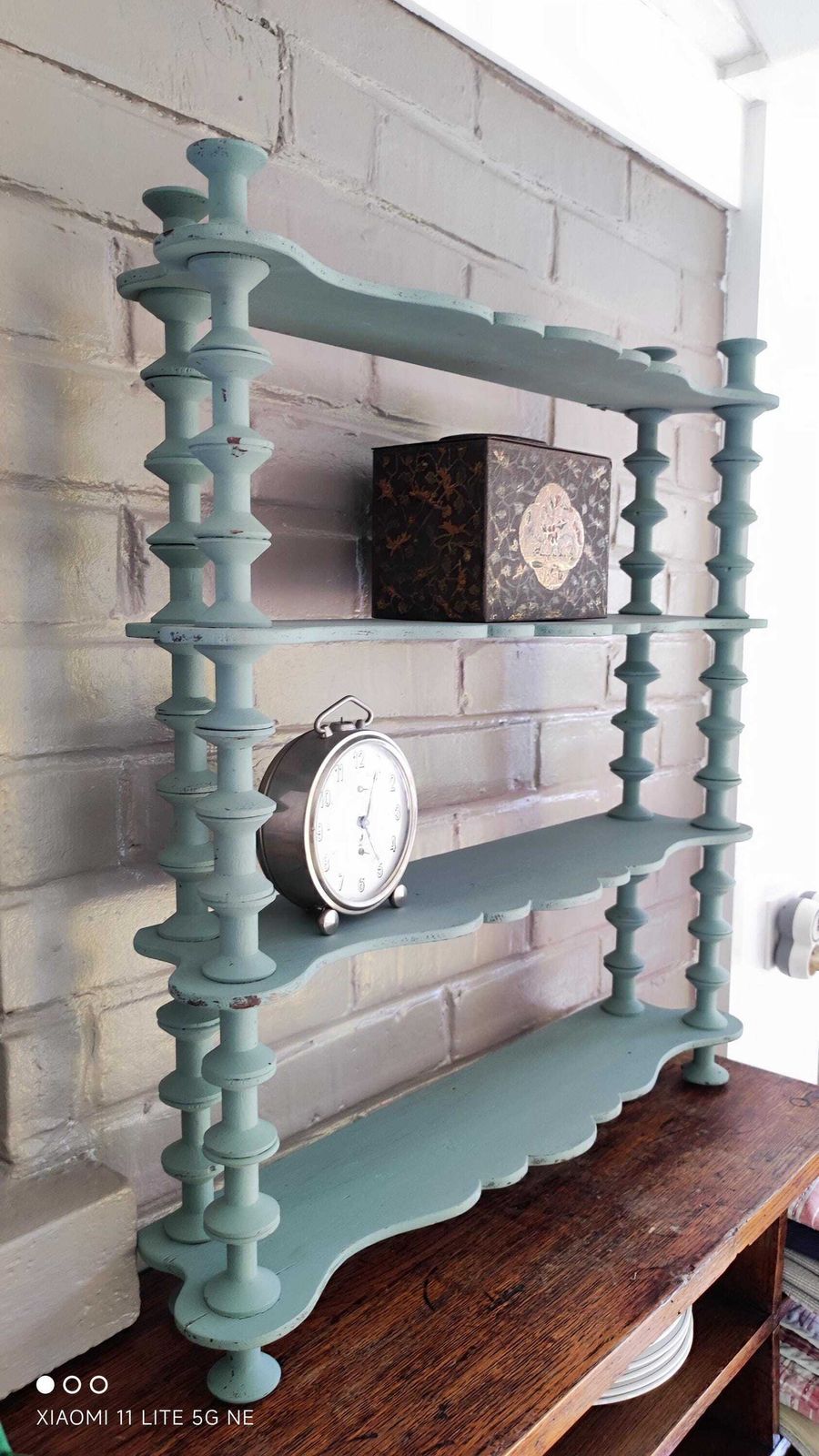 French Antique Folk Art Spindle Wall Shelf Wooden Bobbin Wall Shelving Unit Light Blue