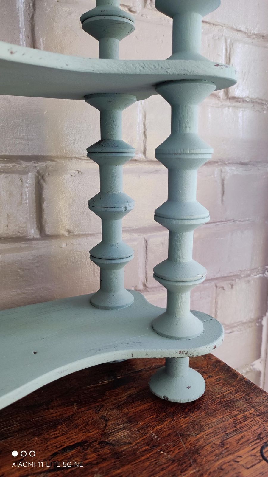 photo for sale French Antique Folk Art Spindle Wall Shelf Wooden Bobbin Wall Shelving Unit Light Blue