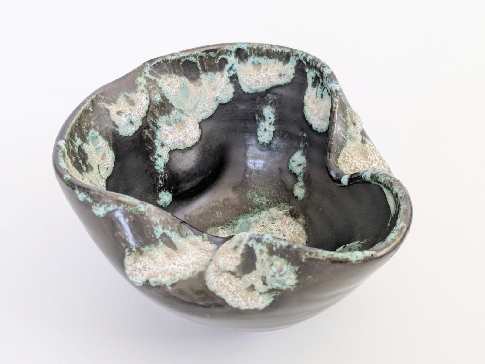 Vintage Vallauris Style Bowl, French Midcentury Pottery, Fat Lava Glaze, Anthracite And Seafoam Green photo for sale