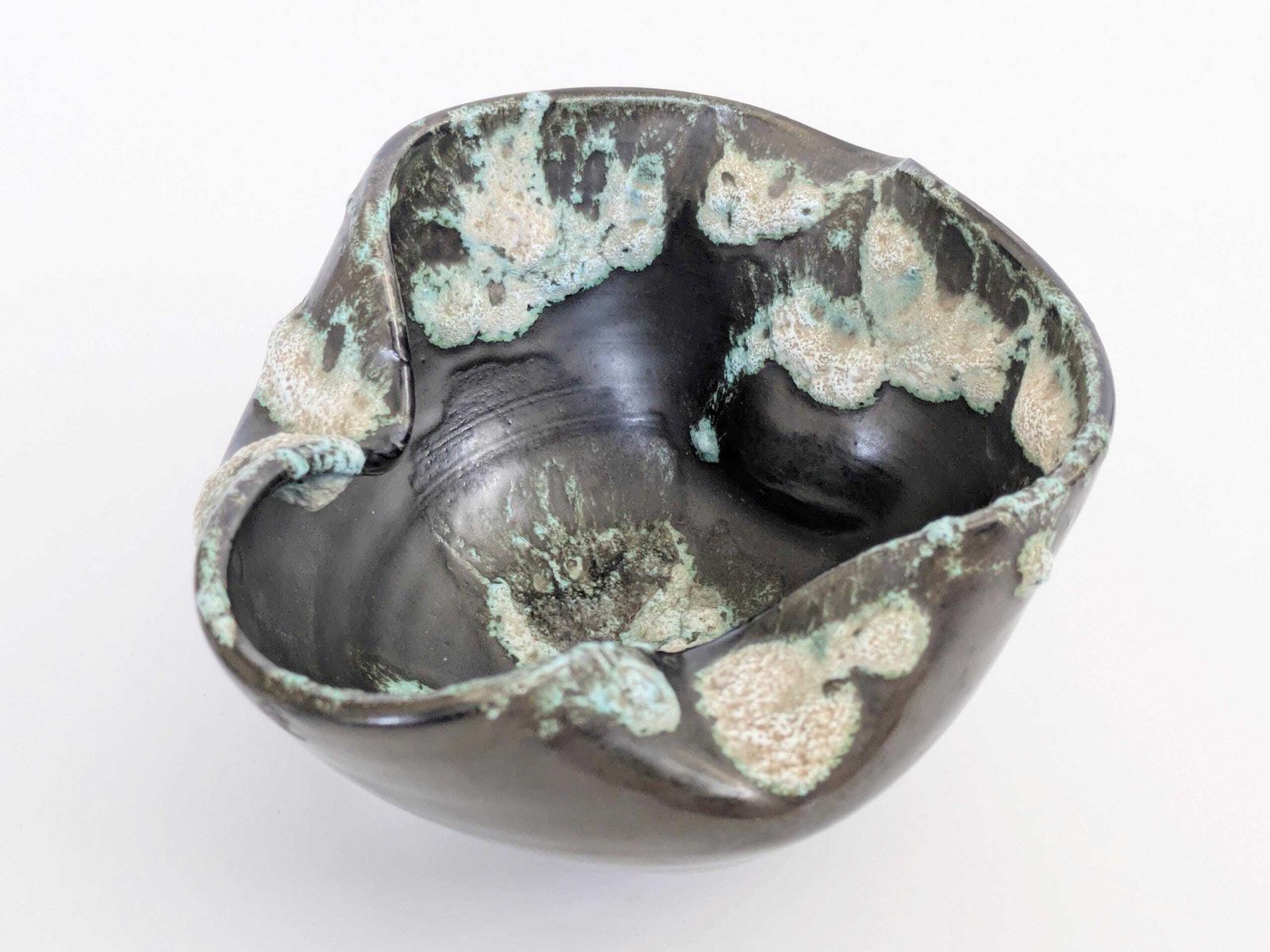Vintage Vallauris Style Bowl, French Midcentury Pottery, Fat Lava Glaze, Anthracite And Seafoam Green photo Home Decor