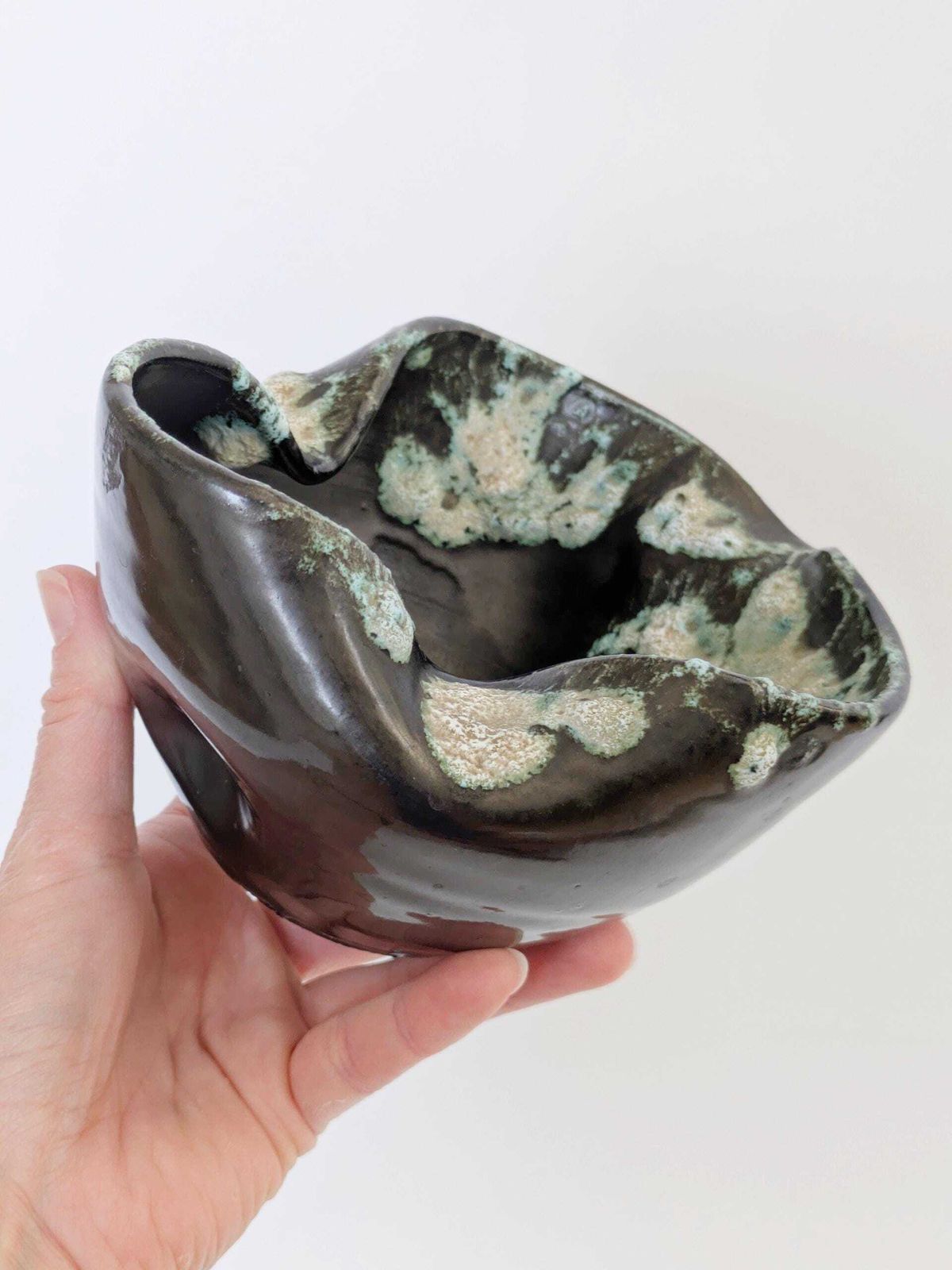 Vintage Vallauris Style Bowl, French Midcentury Pottery, Fat Lava Glaze, Anthracite And Seafoam Green photo vinterior