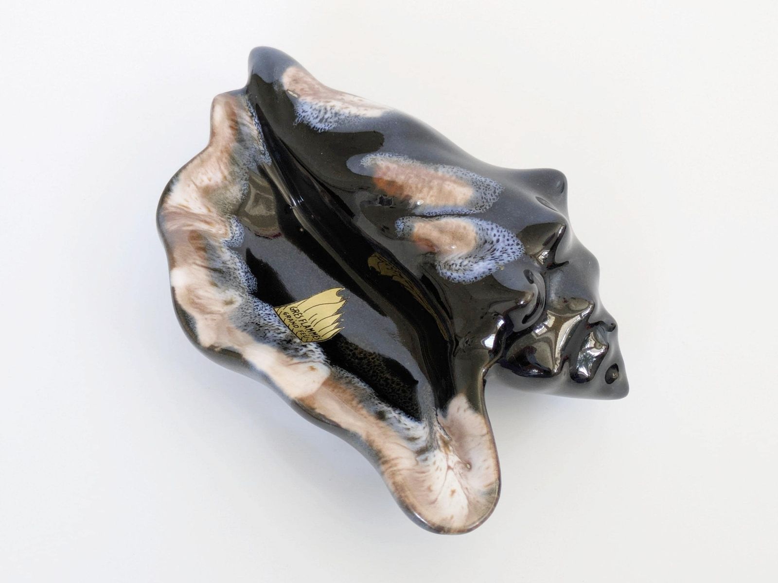1960s Vallauris Style Seashell Dish, French Pottery, Fat Lava Glaze, Black And Blue photo vintage