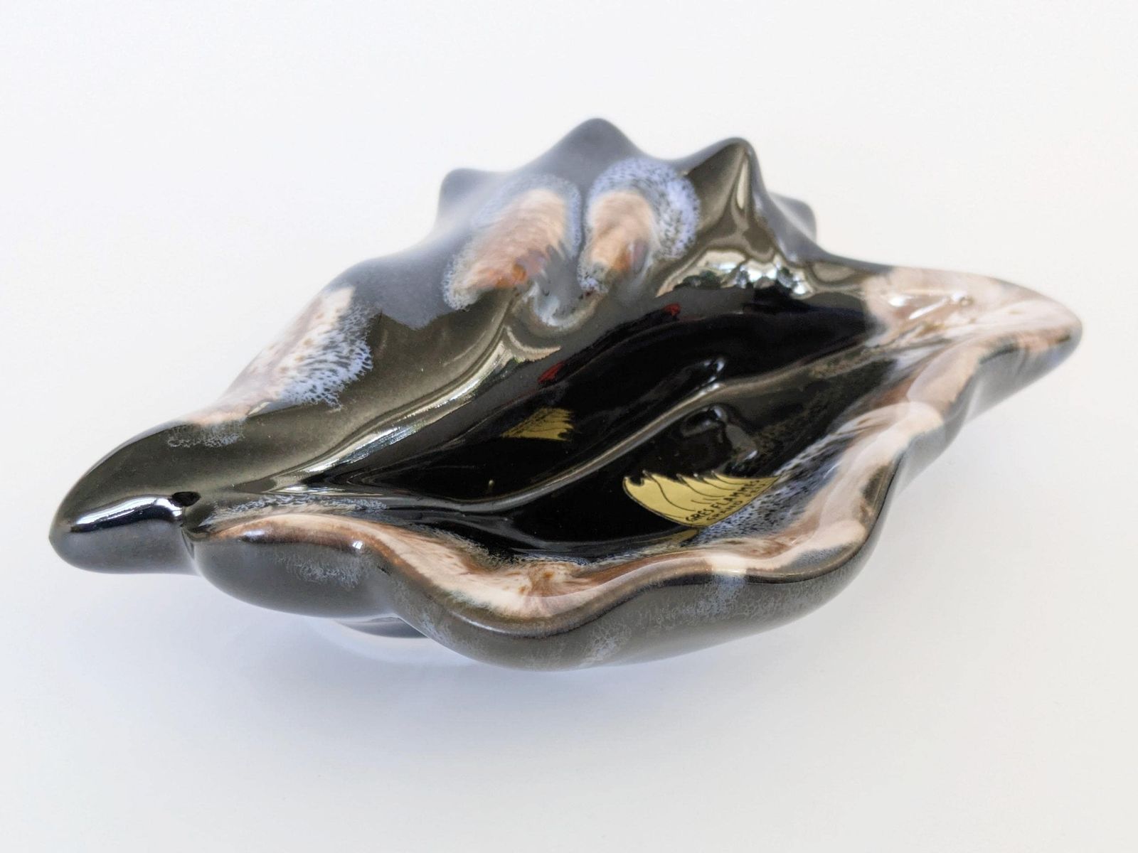 photo for sale 1960s Vallauris Style Seashell Dish, French Pottery, Fat Lava Glaze, Black And Blue