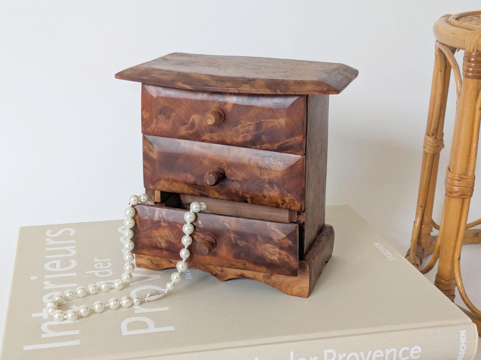 Midcentury Burl Wood Jewelry Box, Handmade Mini Chest Of Drawers, Amber Tone Wooden Trinket Box, 1960s