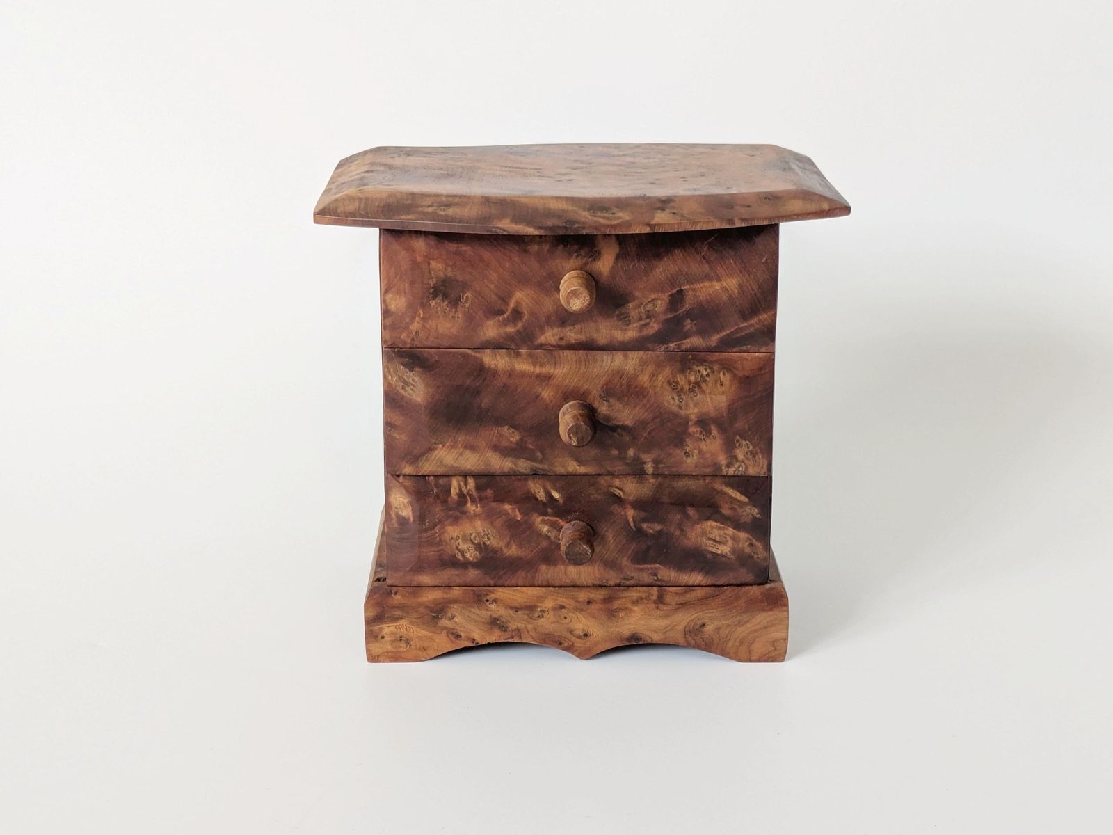 Midcentury Burl Wood Jewelry Box, Handmade Mini Chest Of Drawers, Amber Tone Wooden Trinket Box, 1960s photo furniture