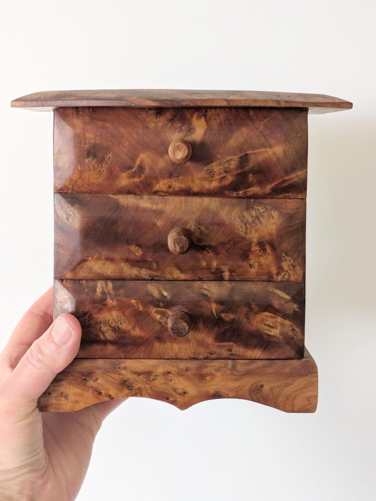 Midcentury Burl Wood Jewelry Box, Handmade Mini Chest Of Drawers, Amber Tone Wooden Trinket Box, 1960s photo 96.0