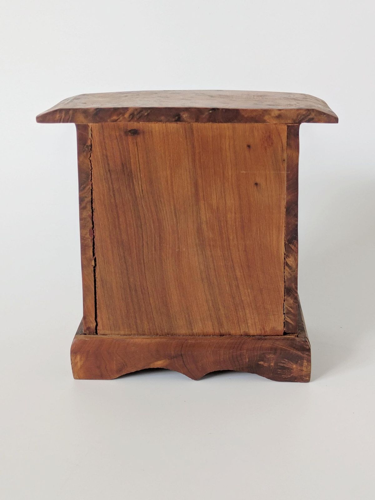 photo furniture Midcentury Burl Wood Jewelry Box, Handmade Mini Chest Of Drawers, Amber Tone Wooden Trinket Box, 1960s