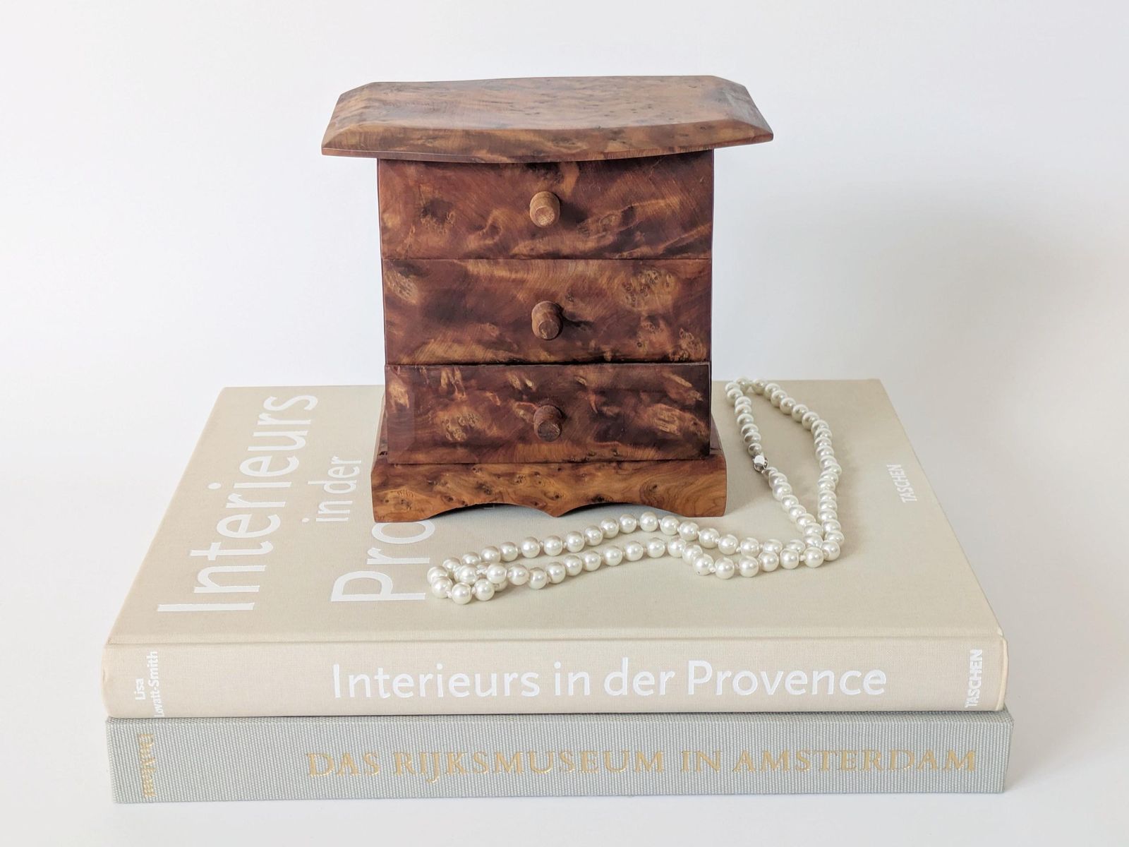 photo for sale Midcentury Burl Wood Jewelry Box, Handmade Mini Chest Of Drawers, Amber Tone Wooden Trinket Box, 1960s