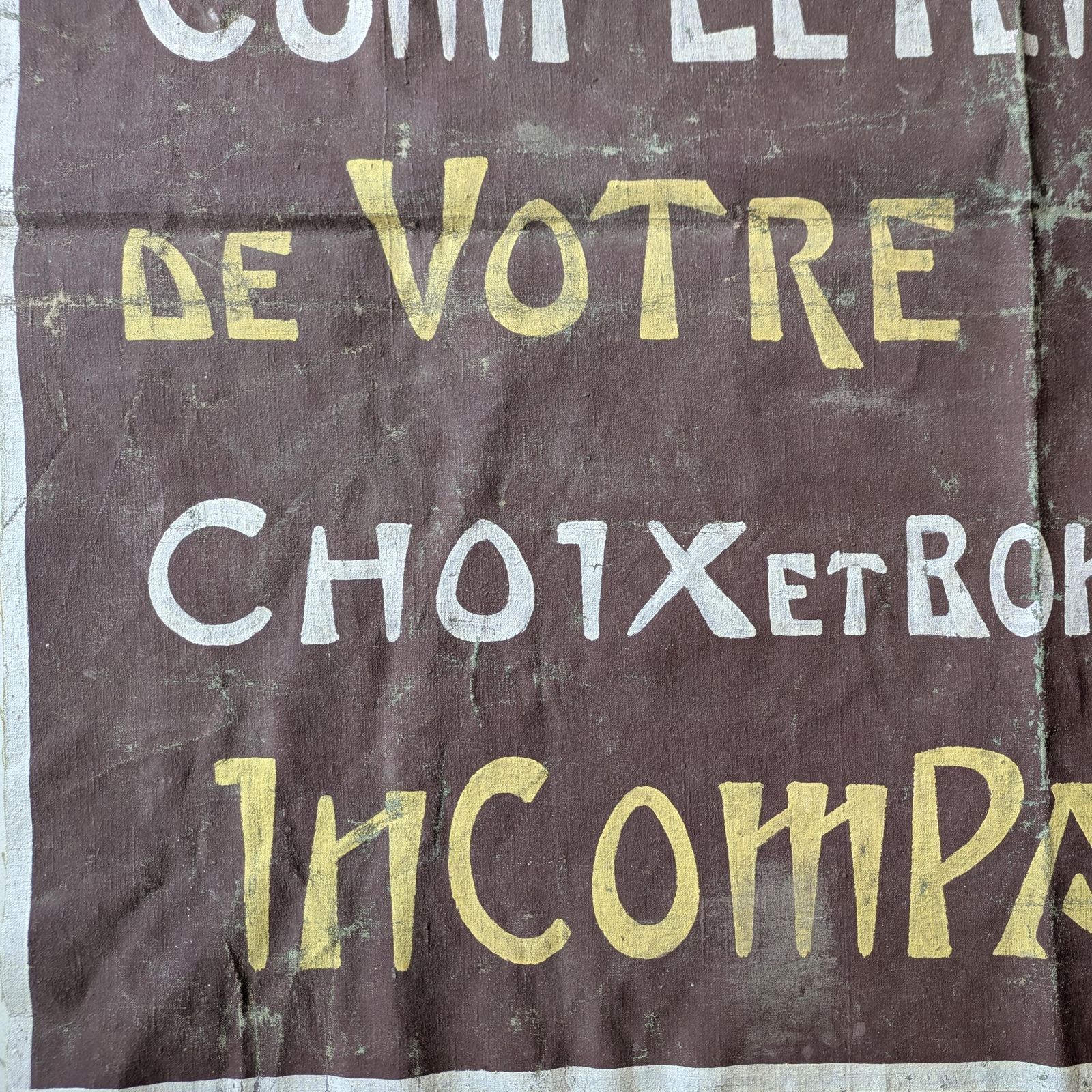 Antique French Advertising Haberdashery Boutique Sign Hand Painted Oilcloth Banner Gagne Petit Shop Display Primitive Folk Art Wall Hanging photo Art