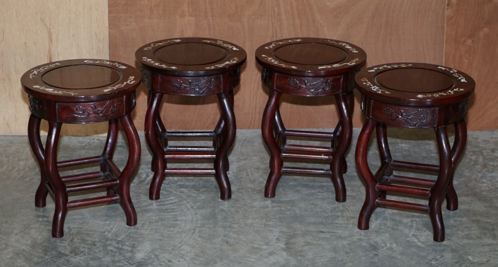 Antique Chinese 1900 Ming Dynasty Rosewood Mother Of Pearl Inlaid Table & Stools photo vintage