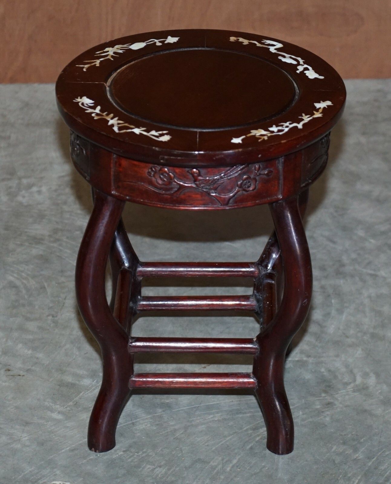 photo for sale Antique Chinese 1900 Ming Dynasty Rosewood Mother Of Pearl Inlaid Table & Stools