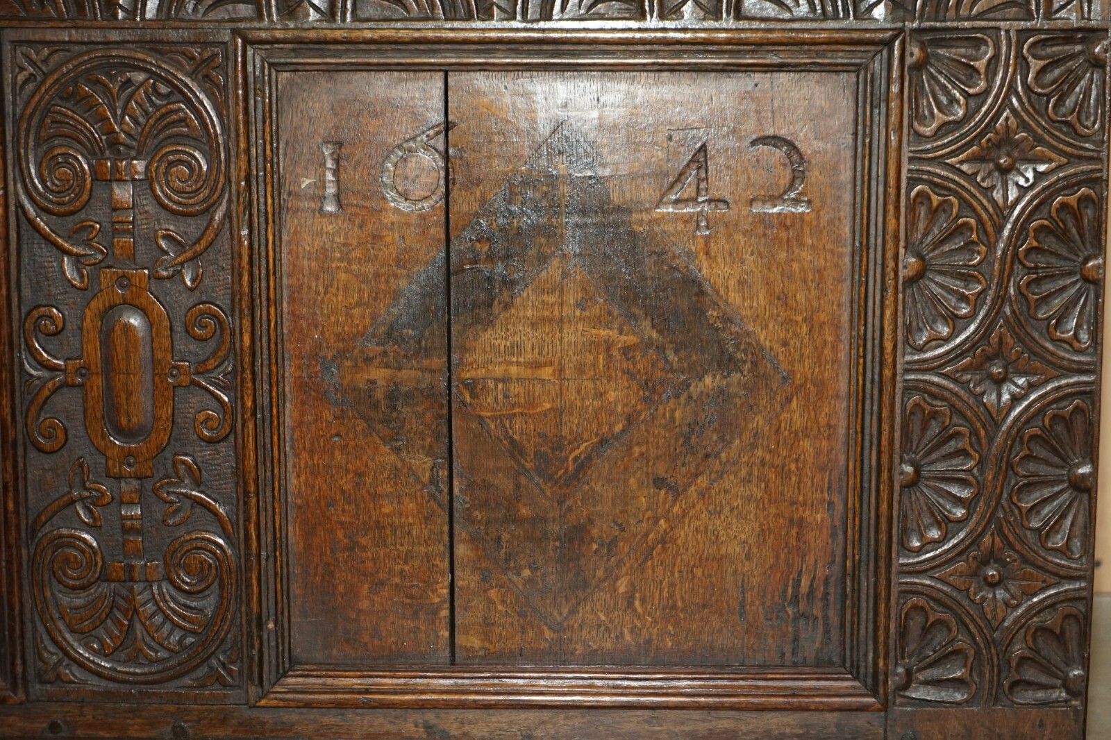 1642 Dated Charles I / Jacobean Hand Carved English Oak Coffer Linen Chest Trunk photo vinterior