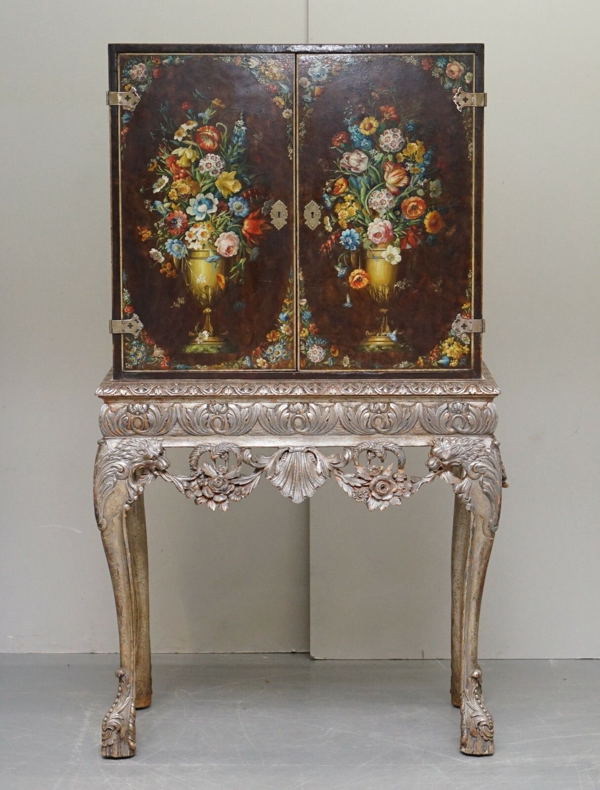 1840 Italain Venetian Cabinet On Stand Polychrome Painted & Lion Heads Carvings photo for sale