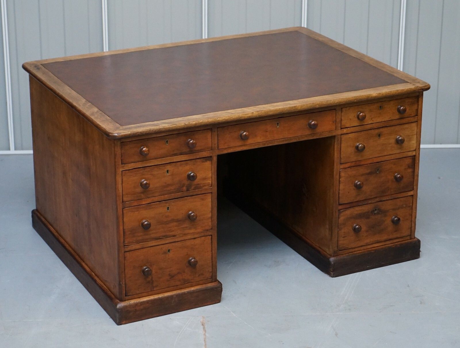 Antique English Victorian Double Sided Oak Twin Pedestal 18 Drawer Kneehole Desk photo furniture