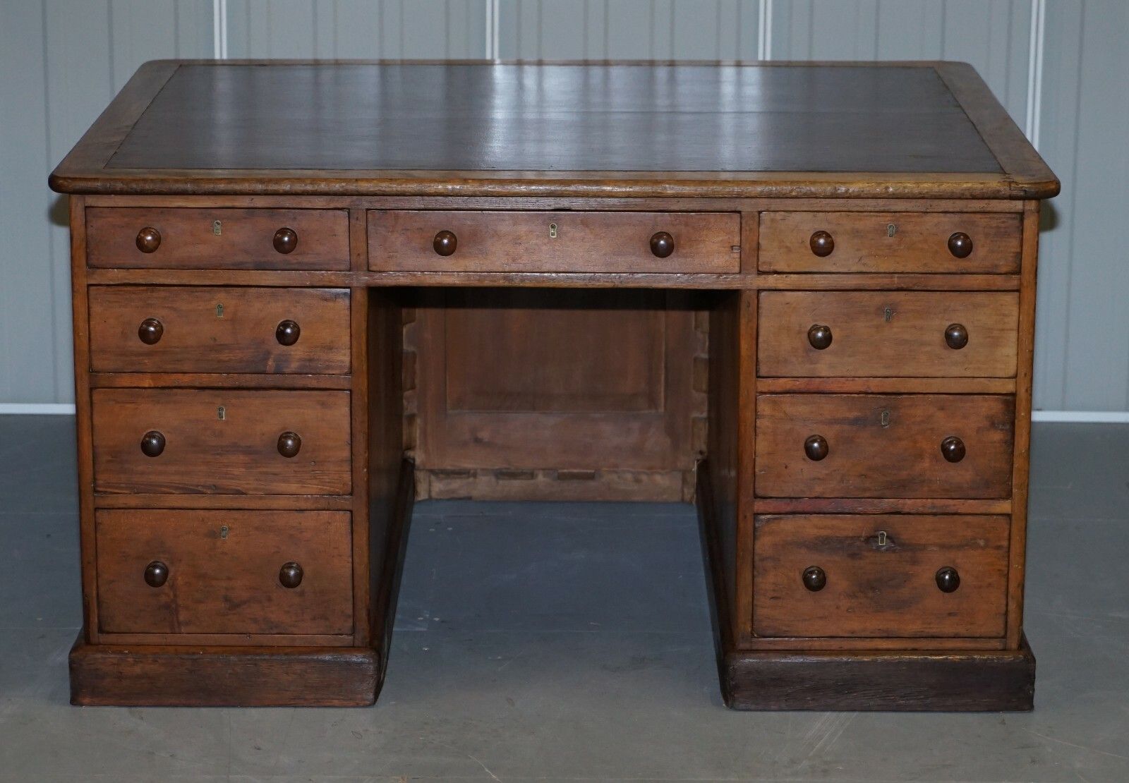Antique English Victorian Double Sided Oak Twin Pedestal 18 Drawer Kneehole Desk photo for sale