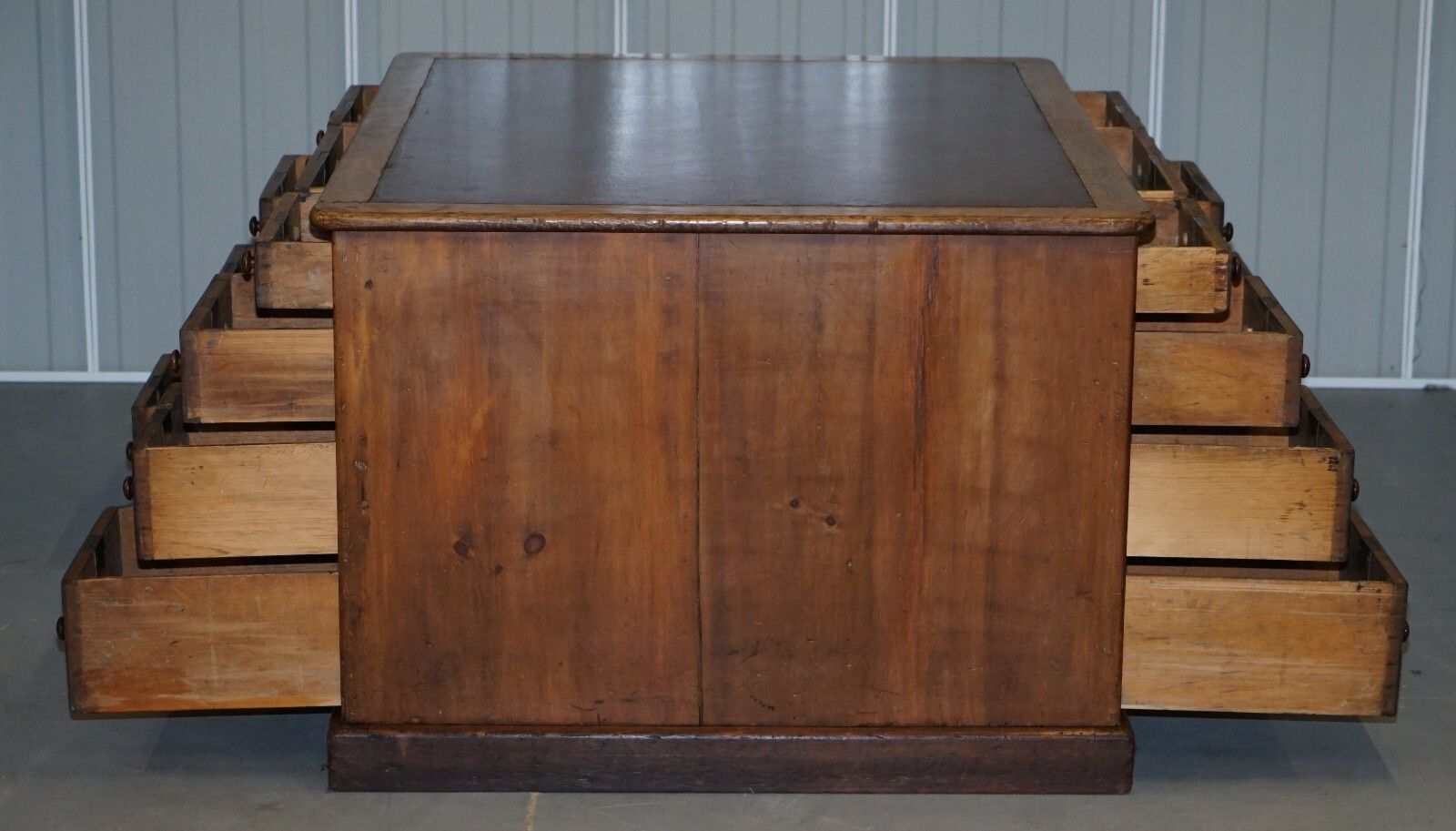 3950.0 Antique English Victorian Double Sided Oak Twin Pedestal 18 Drawer Kneehole Desk photo