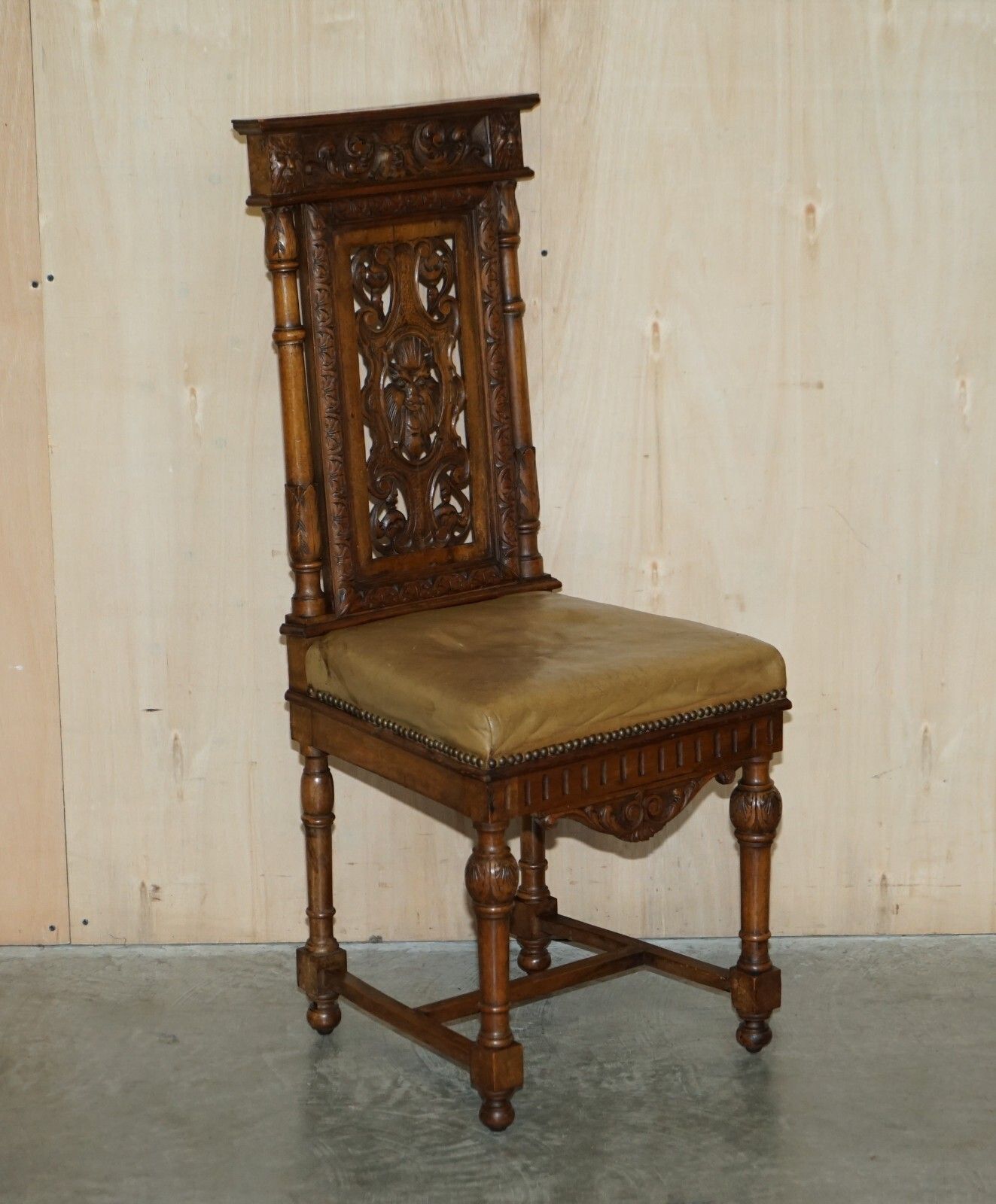 Six Antique Hand Carved Walnut Brown Leather Gothic Revival Dining Chairs 6 photo for sale