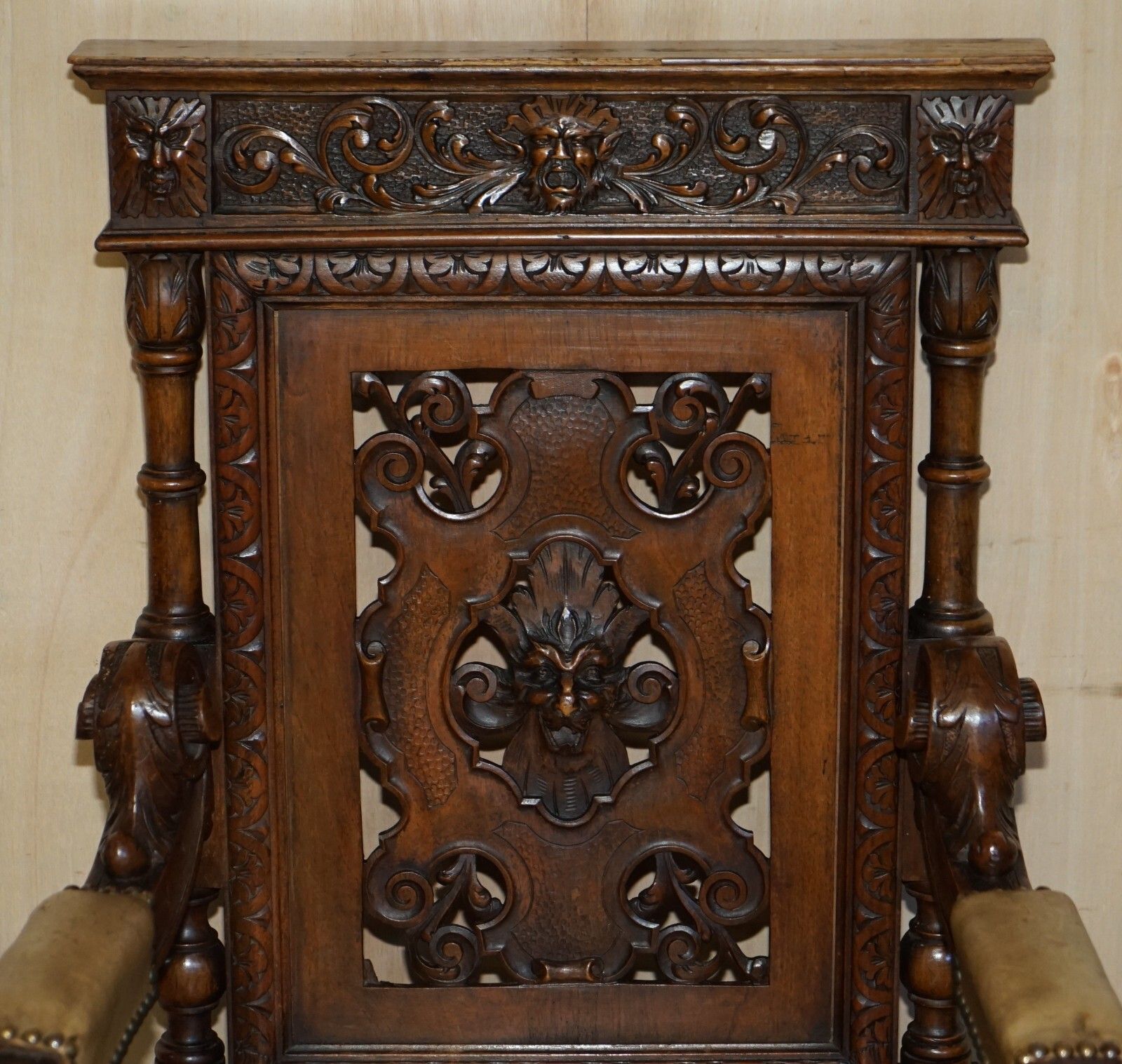 Furniture Six Antique Hand Carved Walnut Brown Leather Gothic Revival Dining Chairs 6 photo