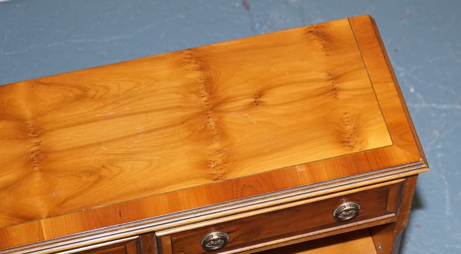 photo for sale Elegant Vintage Yew Wood Low Dwarf Bookcase With Two Storage Drawers